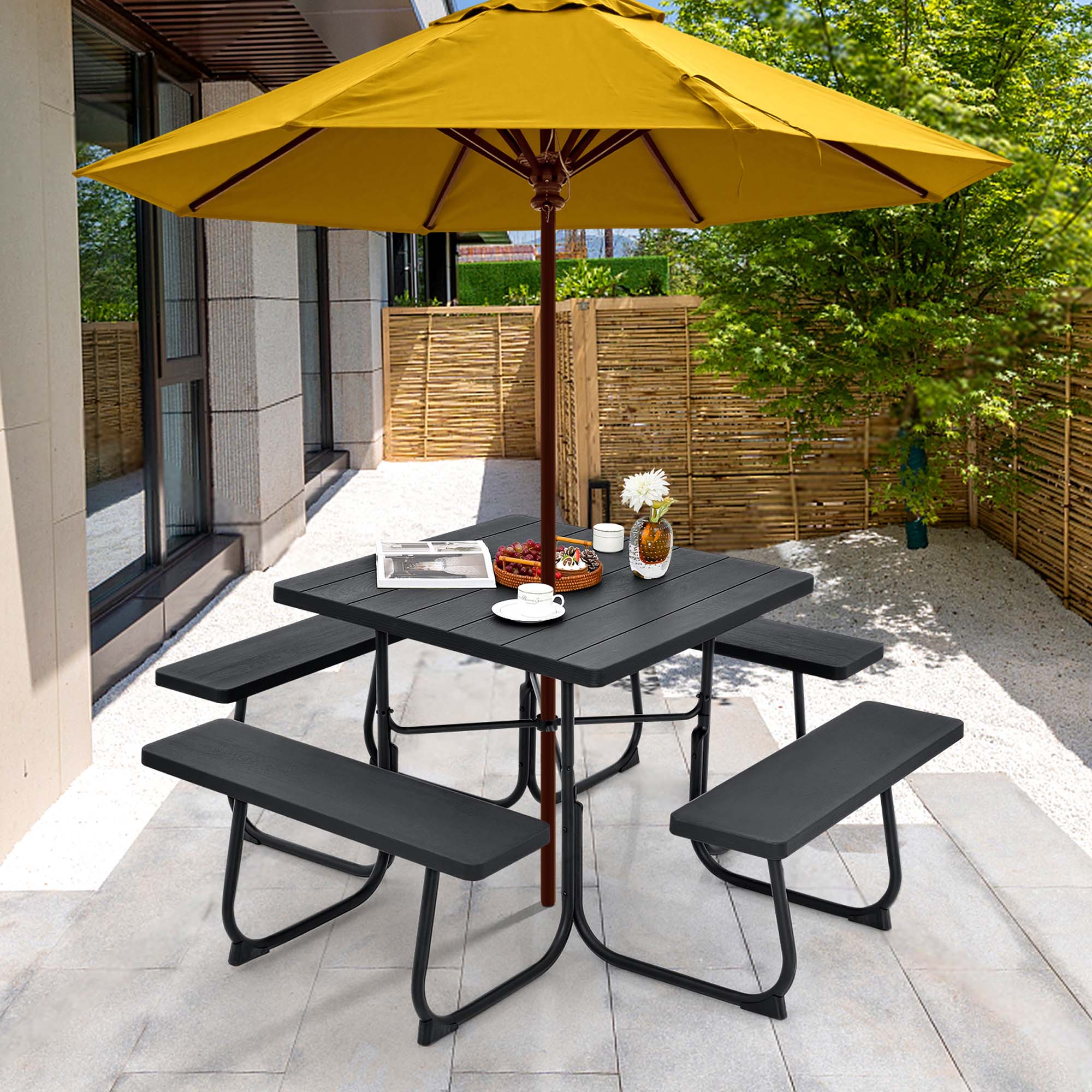 Alt View 1. Costway - Costway Outdoor 8-person Square Picnic Table Bench Set with 4 Benches & Umbrella Hole - Black.
