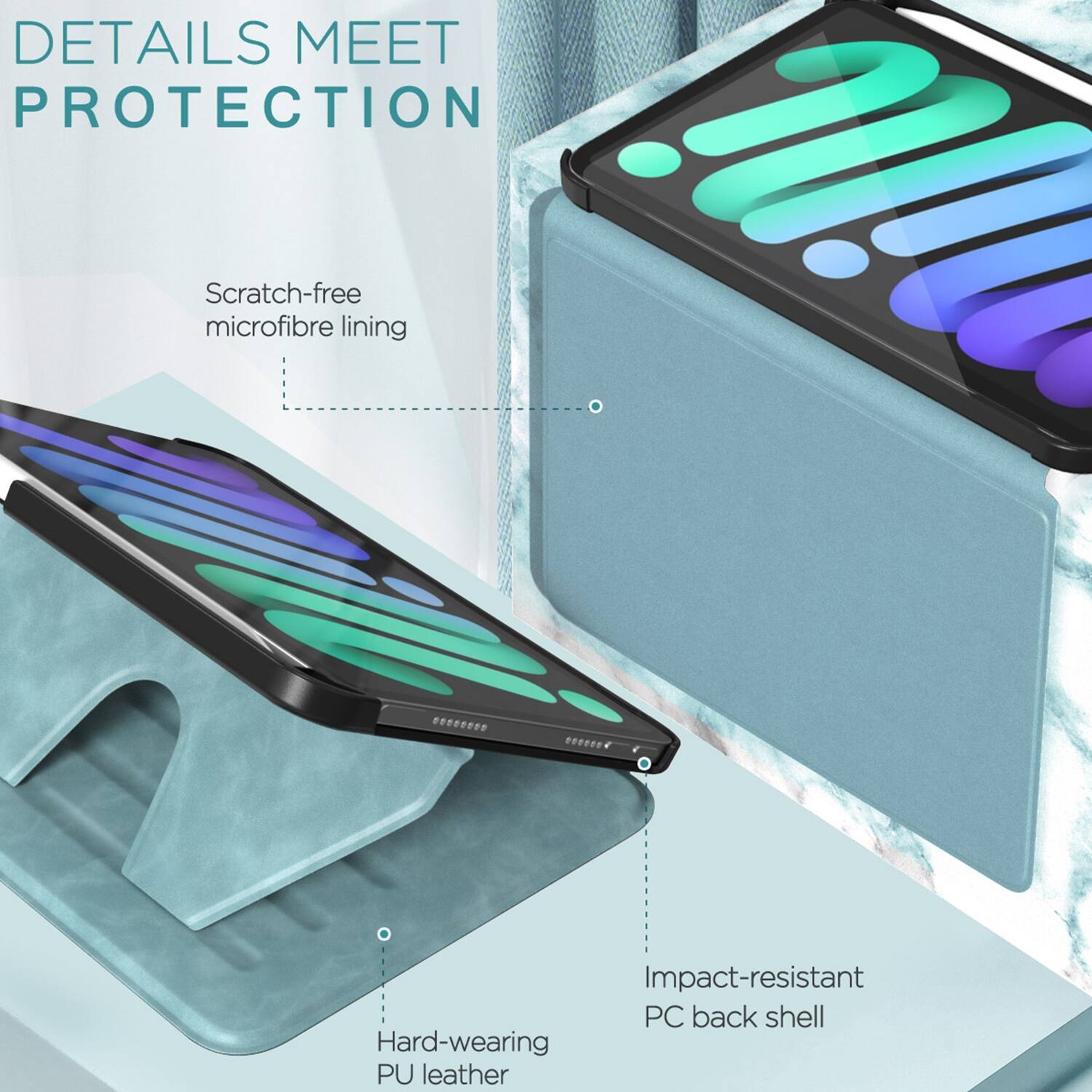 Details Meet Protection: Scratch-free microfibre lining, Impact-resistant PC back shell, Hard-wearing PU leather.