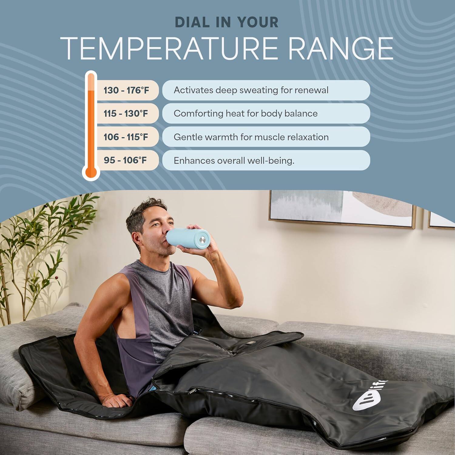 DIAL IN YOUR TEMPERATURE RANGE

130 - 176°F  
Activates deep sweating for renewal

115 - 130°F  
Comforting heat for body balance

106 - 115°F  
Gentle warmth for muscle relaxation

95 - 106°F  
Enhances overall well-being.