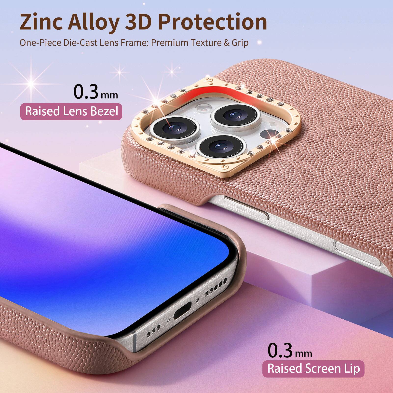 Zinc Alloy 3D Protection  
One-Piece Die-Cast Lens Frame: Premium Texture & Grip  
0.3 mm Raised Lens Bezel  
0.3 mm Raised Screen Lip
