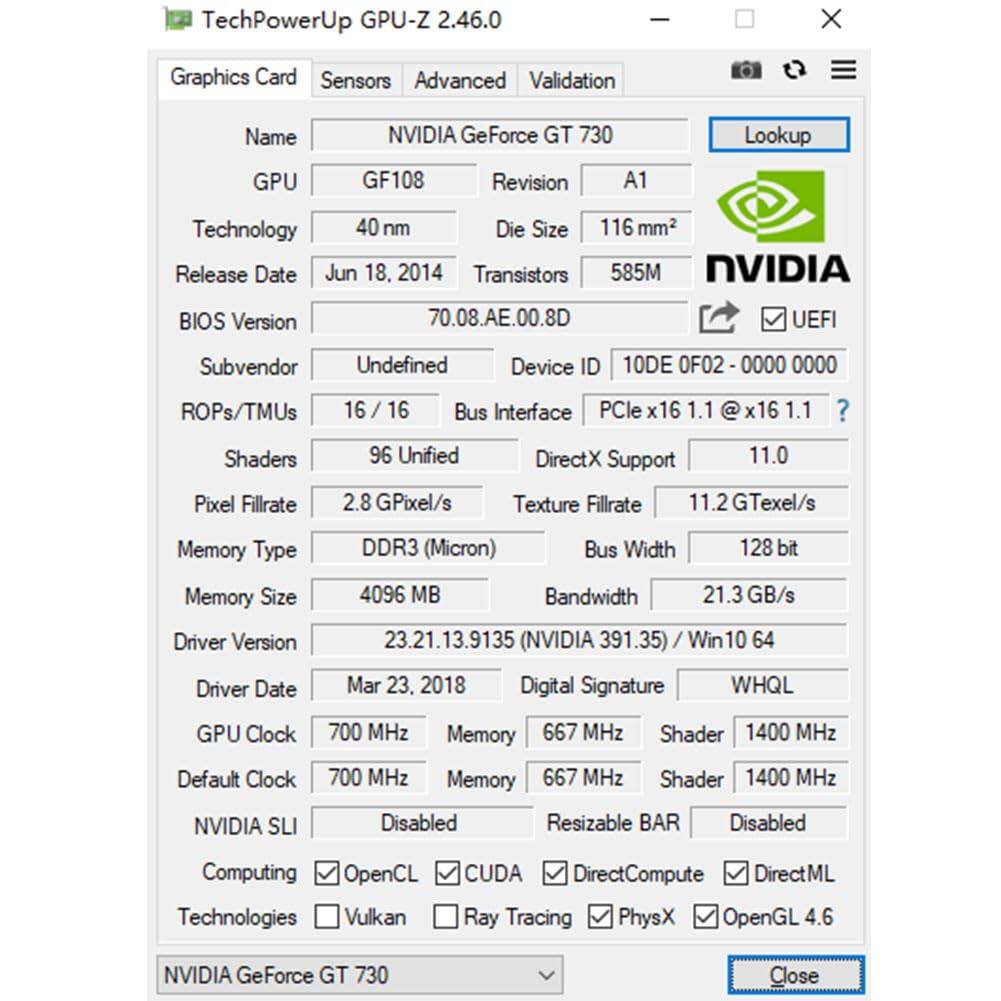 Sure, here is the corrected and grouped text from the image:

---

**TechPowerUp GPU-Z 2.46.0**

**Graphics Card:**
- **Name:** NVIDIA GeForce GT 730
- **GPU:** GF108
- **Revision:** A1
- **Technology:** 40 nm
- **Die Size:** 116 mm²
- **Release Date:** Jun 18, 2014
- **Transistors:** 585M
- **BIOS Version:** 70.08.AE.00.8D
- **Subvendor:** Undefined
- **Device ID:** 10DE OF02 - 0000 0000
- **ROPs/TMUs:** 16 / 16
- **Shaders:** 96 Unified
- **Pixel Fillrate:** 2.8 GPixel/s
- **Texture Fillrate:** 11.2 GTexel/s
- **Memory Type:** DDR3 (Micron)
- **Bus Width:** 128 bit
- **Memory Size:** 4096 MB
- **Bandwidth