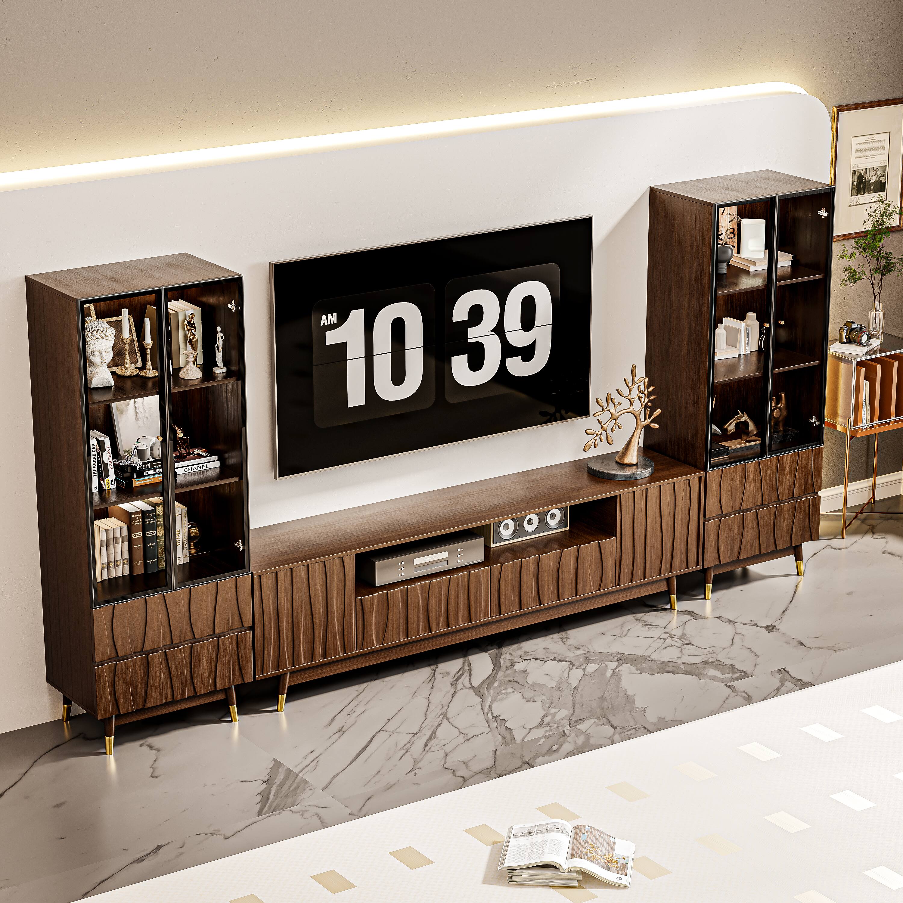 Alt View 2. MSOOB - 3 Pieces Mid-Century Modern Entertainment Center, 126 Inch TV Stand and Two Glass Display Cabinets Set with Lighting - Brown.