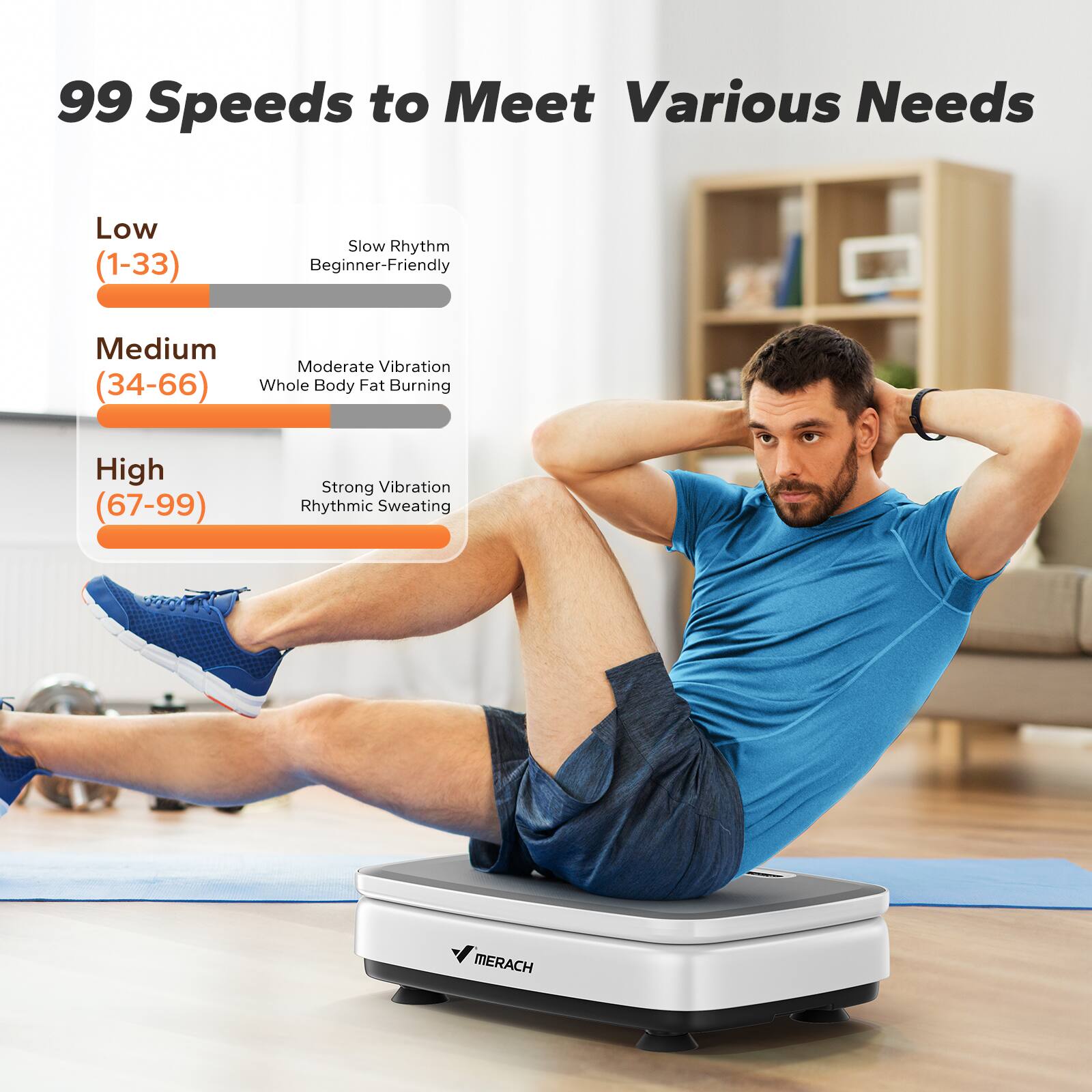 99 Speeds to Meet Various Needs

Low (1-33)  
Slow Rhythm  
Beginner-Friendly

Medium (34-66)  
Moderate Vibration  
Whole Body Fat Burning

High (67-99)  
Strong Vibration  
Rhythmic Sweating

MERACH