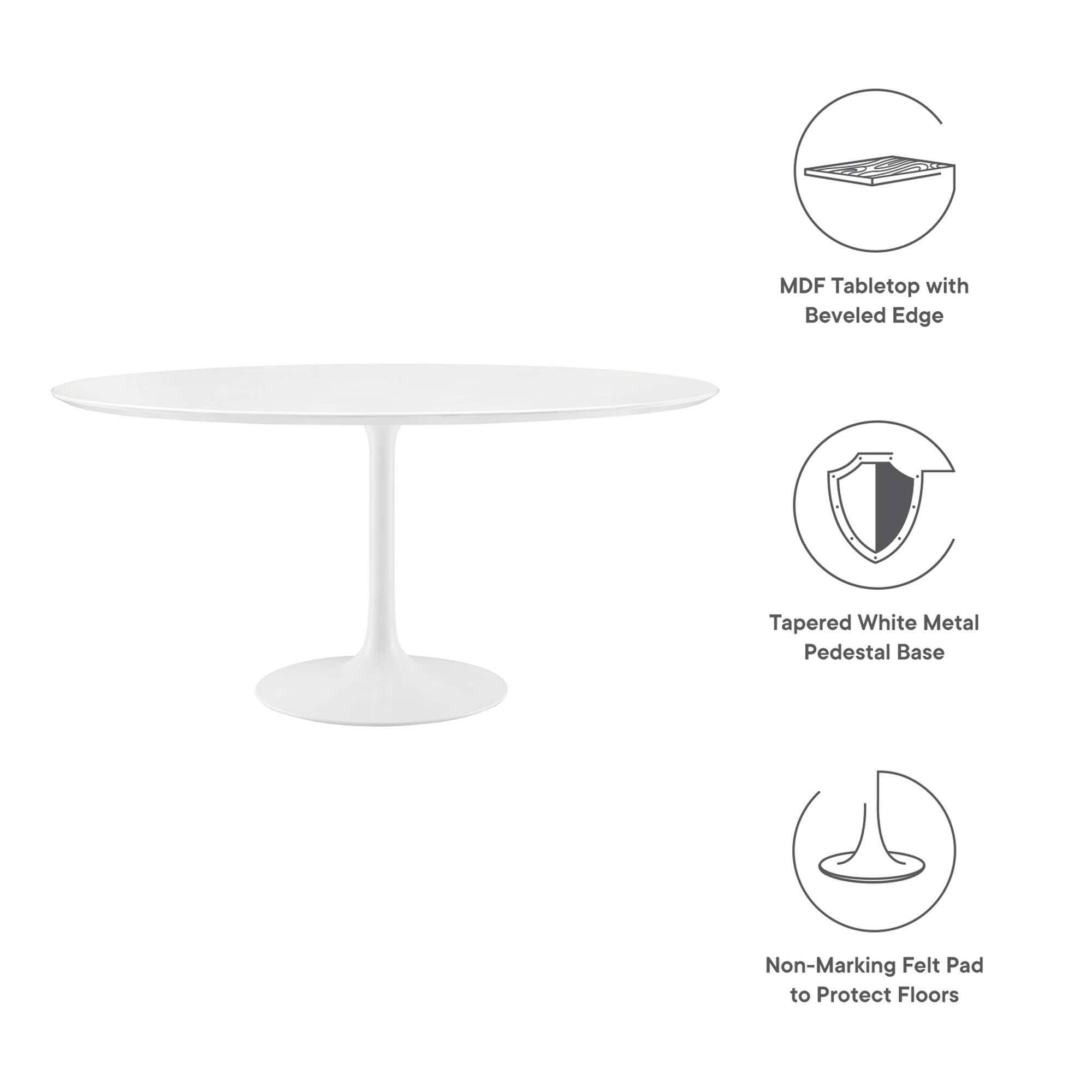MDF Tabletop with Beveled Edge  
Tapered White Metal Pedestal Base  
Non-Marking Felt Pad to Protect Floors