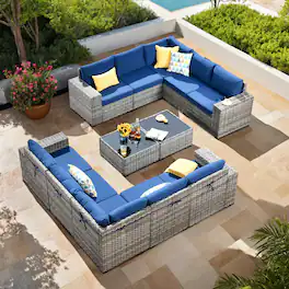 Ovios - 12 PCS Outdoor Patio Furniture Rattan Sectional Sofa with Coffee Table for Backyard - Navy Blue