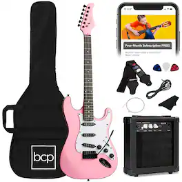 Best Choice Products - 39in Full Size Beginner Electric Guitar Kit with Case, Strap, Amp, Whammy Bar - Pink