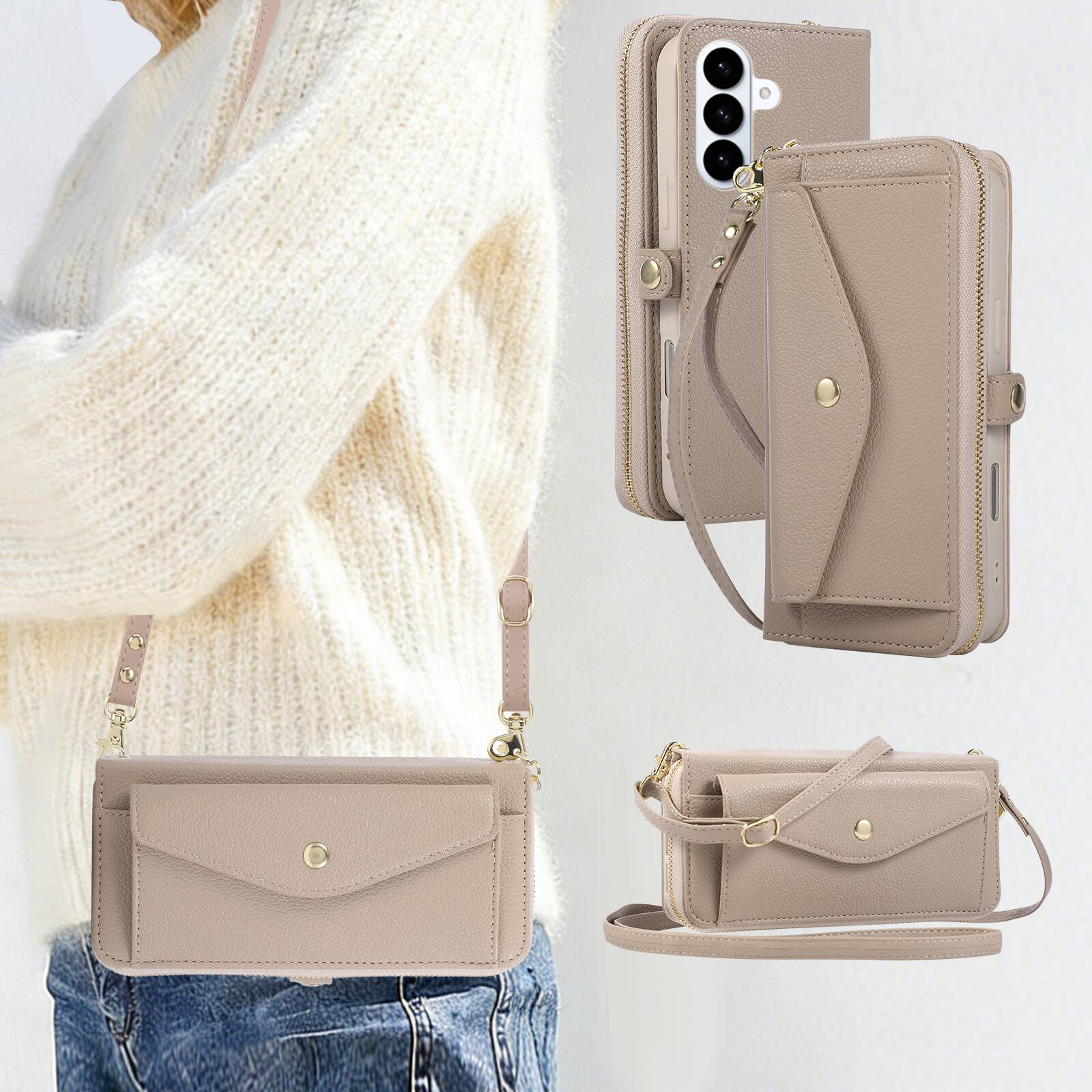 Alt View 5. Dteck - Leather Wallet Phone Case for Samsung Galaxy S26 FE with Crossbody Strap, Shockproof Zipper Pocket Mirror Stand Cover - Khaki.