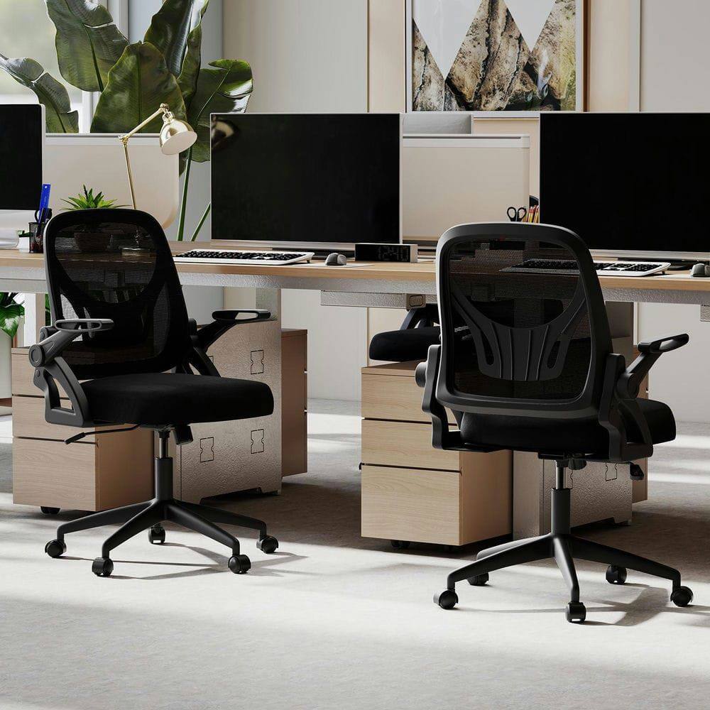 Left. Kadyn - Ergonomic Computer Desk Chair - Lumbar Support, Flip-up Arms, Black - Black.