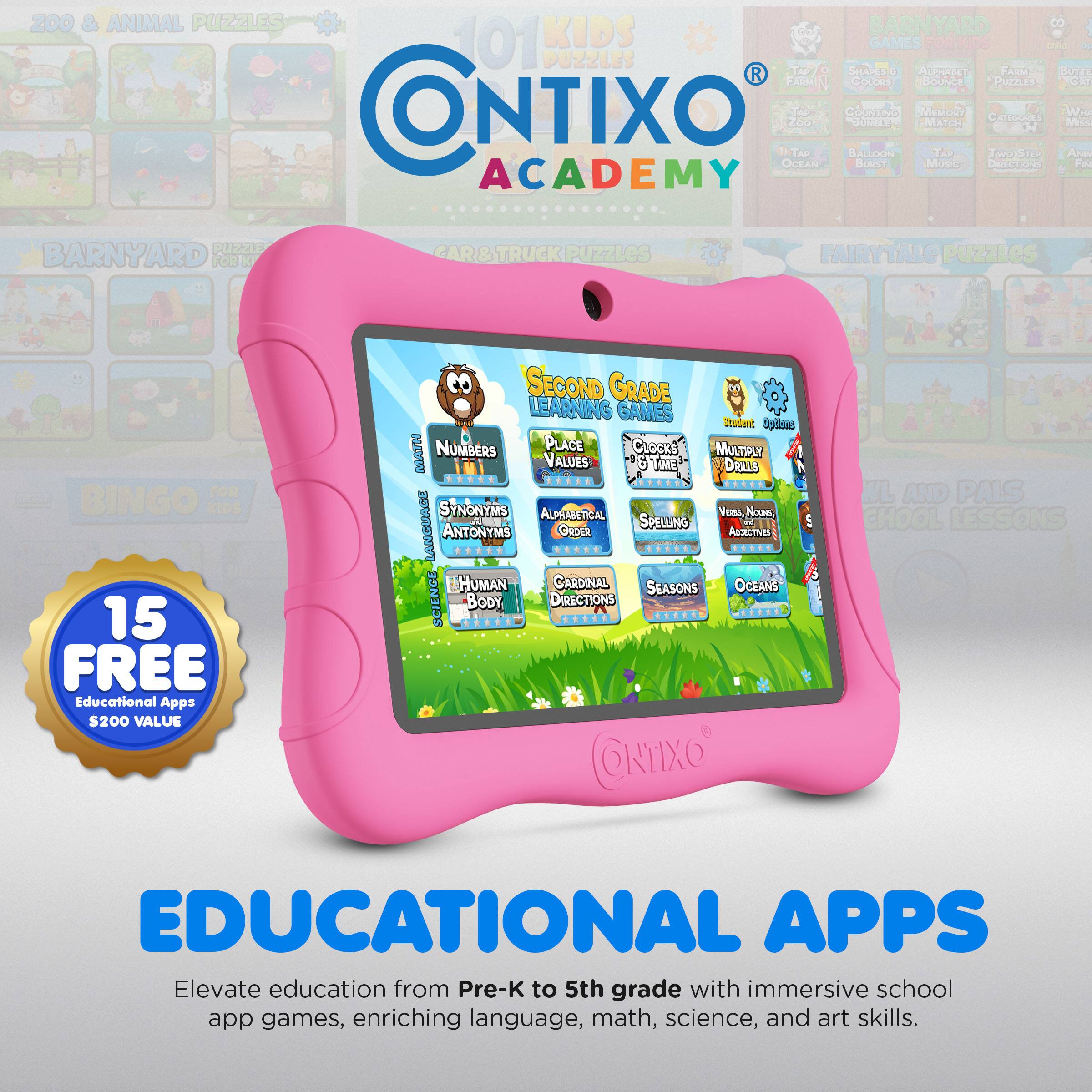 Sure, here is the corrected and grouped text from the image:

---

**CONTIXO ACADEMY**

**15 FREE Educational Apps $200 VALUE**

**EDUCATIONAL APPS**

Elevate education from Pre-K to 5th grade with immersive school app games, enriching language, math, science, and art skills.

---

**ZOO & ANIMAL PUZZLES**

**BARNYARD PUZZLES**

**CAR & TRUCK PUZZLES**

**FAIRYTALE PUZZLES**

**BINGO**

**SECOND GRADE LEARNING GAMES**

**NUMBERS PLACE VALUES**

**SYNONYMS ANTONYMS**

**SPELLING**

**MULTIPLY VALUES**

**CARDINAL DIRECTIONS**

**SEASONS**

**OCEANS**

**HUMAN BODY**

**DIRECTIONS**

**SCHOOL LESSONS**

**EDUCATIONAL APPS**

---

**CONTIXO**

---

**101 KIDS GAMES**

**CONTIXO TAP OCEAN 250**

**TAP OCEAN**

**SALLOON**

**SUDETA**

**EMATCH**

**MEMOBY**

**Music**

**TA**

**Delicious