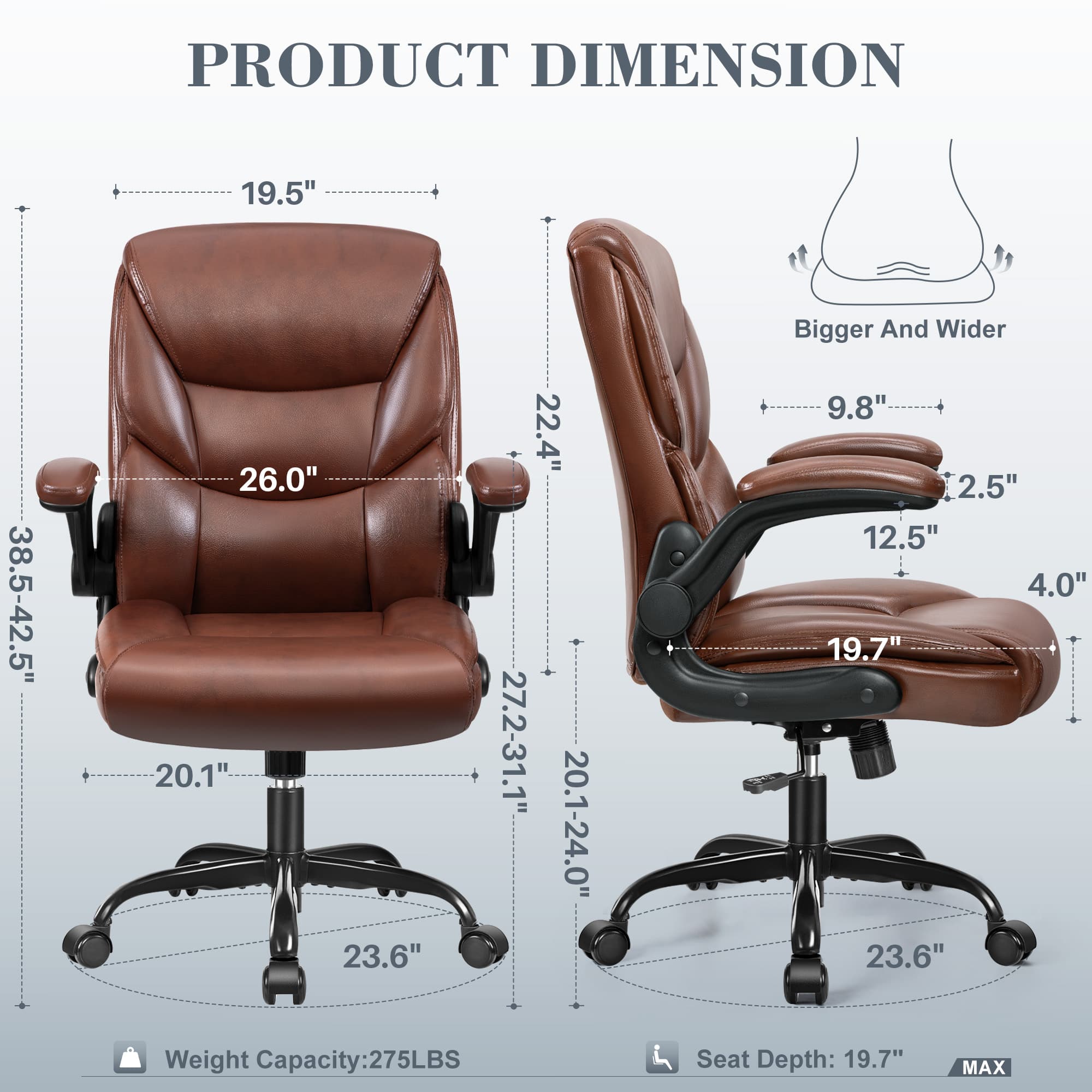 KERDOM - PU Leather Ergonomic Home Desk Chair, Tilt Small Computer Chair Adjustable Height, Rolling Swivel & Flip-Up Padded Arms - Brown - Thumbnail 5