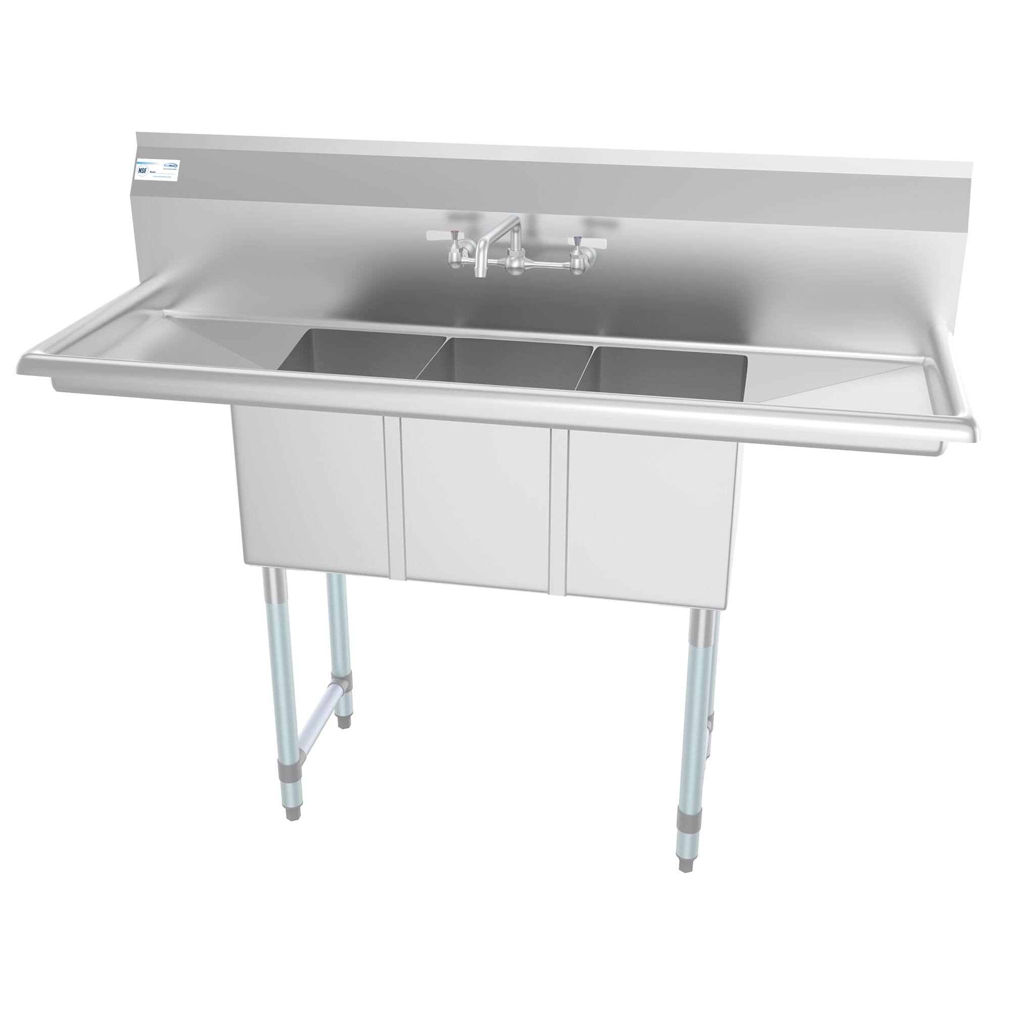 Back. Koolmore - 54 in. Three Compartment Stainless Steel  Sink with Faucet and Drainboards, Bowl Size 10"x 10"x 14" - Stainless Steel.
