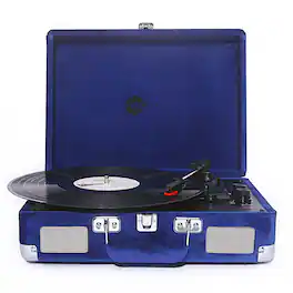 Arkrocket - Curiosity III Suitcase Bluetooth Record Player Turntable built-in Speakers - Klein Blue Velvet