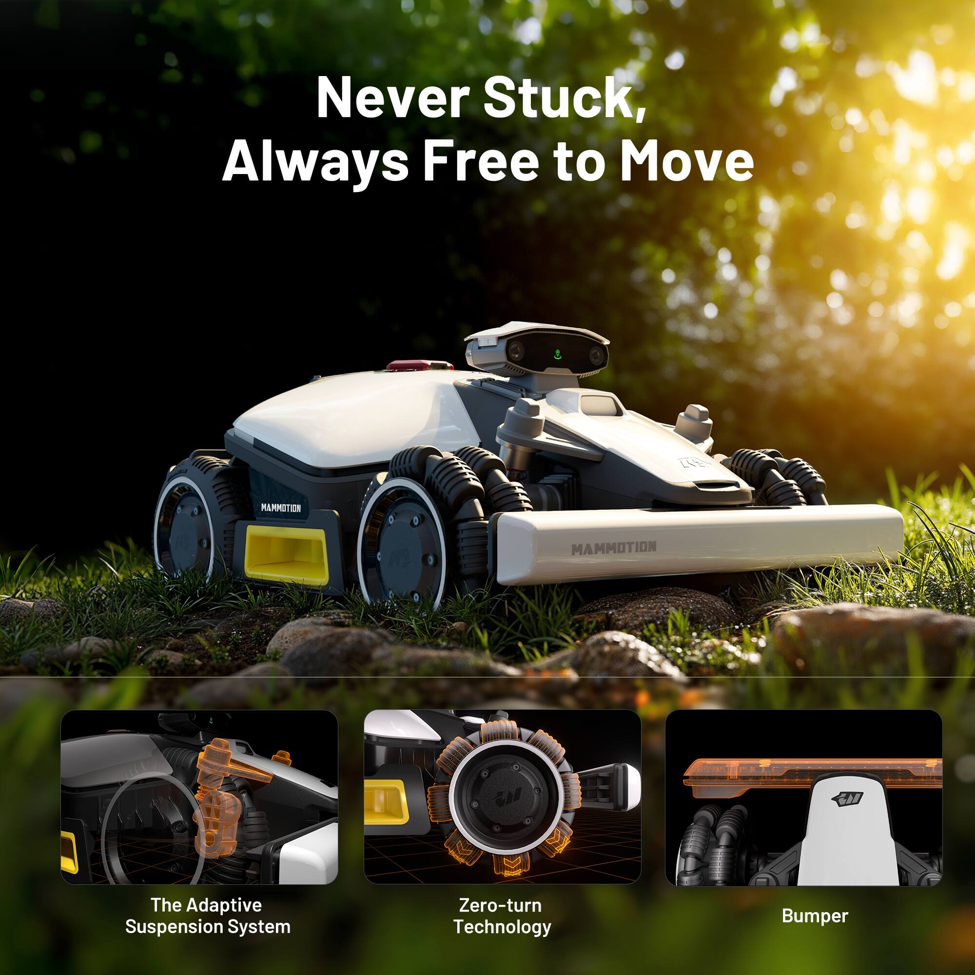 Never Stuck, Always Free to Move

The Adaptive Suspension System

Zero-turn Technology

Bumper