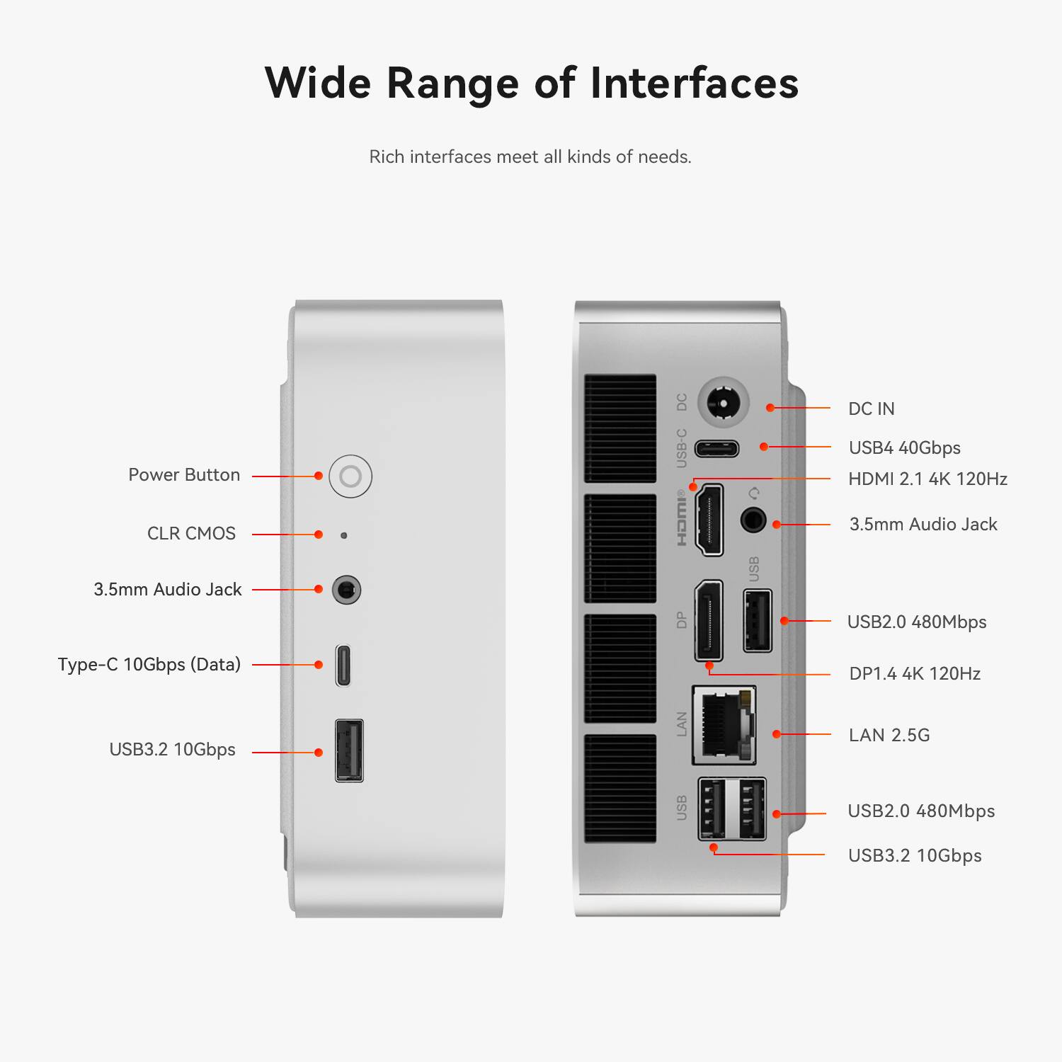 Wide Range of Interfaces  
Rich interfaces meet all kinds of needs.  

- Power Button  
- CLR CMOS  
- 3.5mm Audio Jack  
- DC IN  
- USB-C  
- HOME  
- DP  
- USB  
- USB4 40Gbps  
- HDMI 2.1 4K 120Hz  
- 3.5mm Audio Jack  
- USB2.0 480Mbps  
- Type-C 10Gbps (Data)  
- DP1.4 4K 120Hz  
- USB3.2 10Gbps  
- LAN 2.5G  
- USB2.0 480Mbps  
- USB3.2 10Gbps