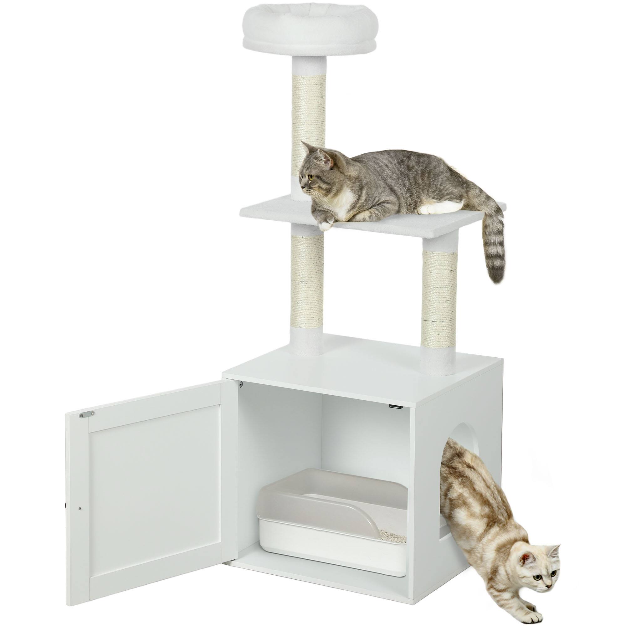 Pawhut - Cat Tree with Litter Box, 2-in-1 Cat Tower with Scratching Posts, Climbing Platforms, Modern Style - White