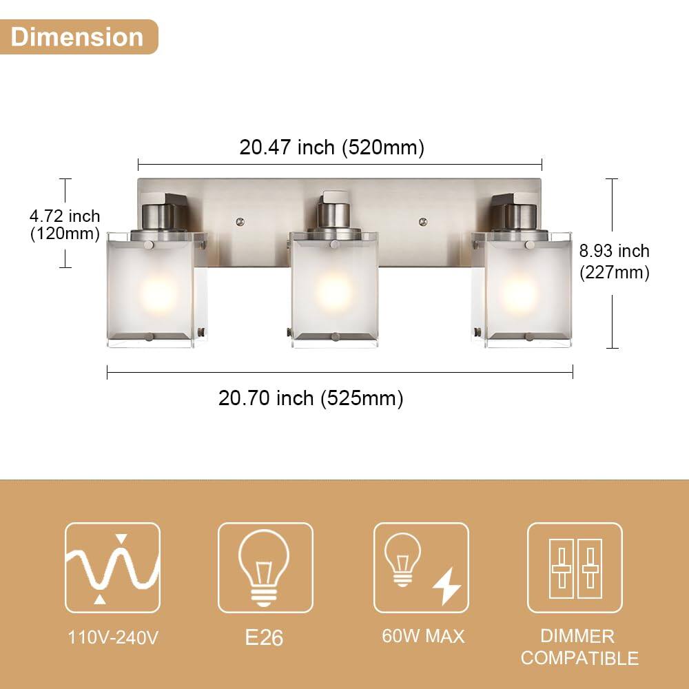 Dimension  
- Height: 4.72 inch (120mm)  
- Width: 20.47 inch (520mm)  
- Depth: 8.93 inch (227mm)  
- Overall Length: 20.70 inch (525mm)  

110V-240V  
E26  
60W MAX  
DIMMER COMPATIBLE