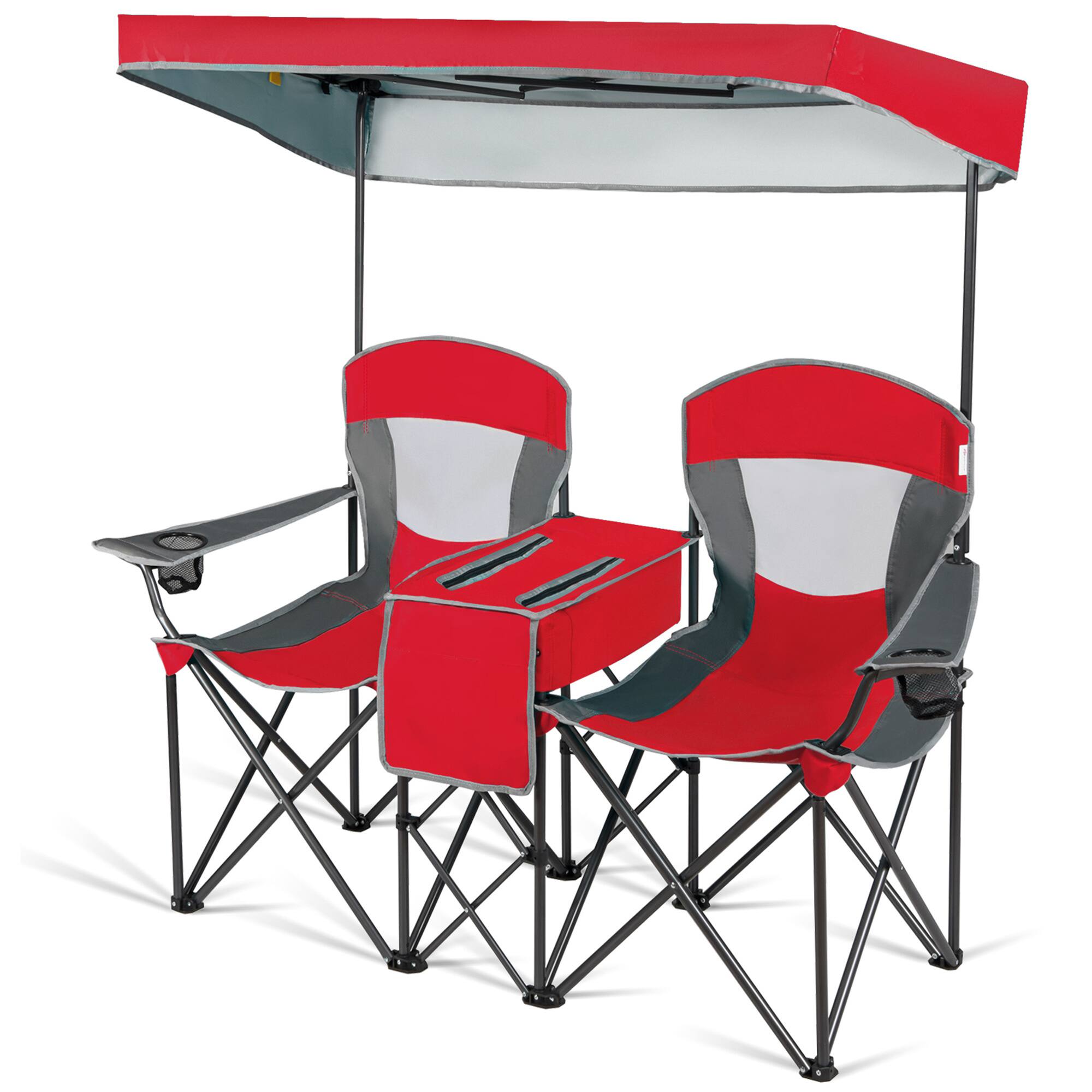 Alt View 2. Gymax - Gymax Folding 2-person Camping Chairs Double Sunshade Chairs w/ Canopy Red - Red.