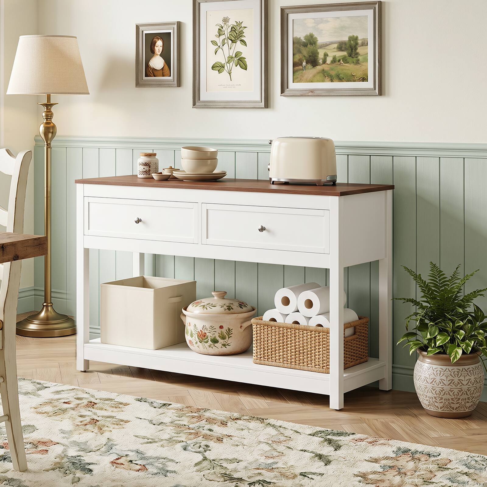 Alt View 3. Gymax - Gymax 47'' Farmhouse Console Table w/2 Drawers & Open Storage Shelf Anti-Topping Kits Brown & White - White.