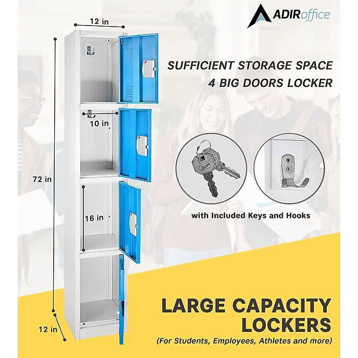 ADIRoffice SUFFICIENT STORAGE SPACE 4 BIG DOORS LOCKER with Included Keys and Hooks LARGE CAPACITY LOCKERS (For Students, Employees, Athletes and more) 12 in 10 in 72 in 16 in