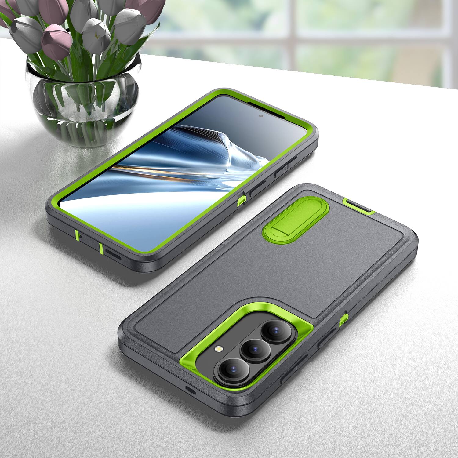 Alt View 3. Dteck - Heavy Duty Case for Samsung Galaxy S26 with Foldable Kickstand,Dual-Layer Shockproof Hard PC Soft Silicone Phone Cover - B.