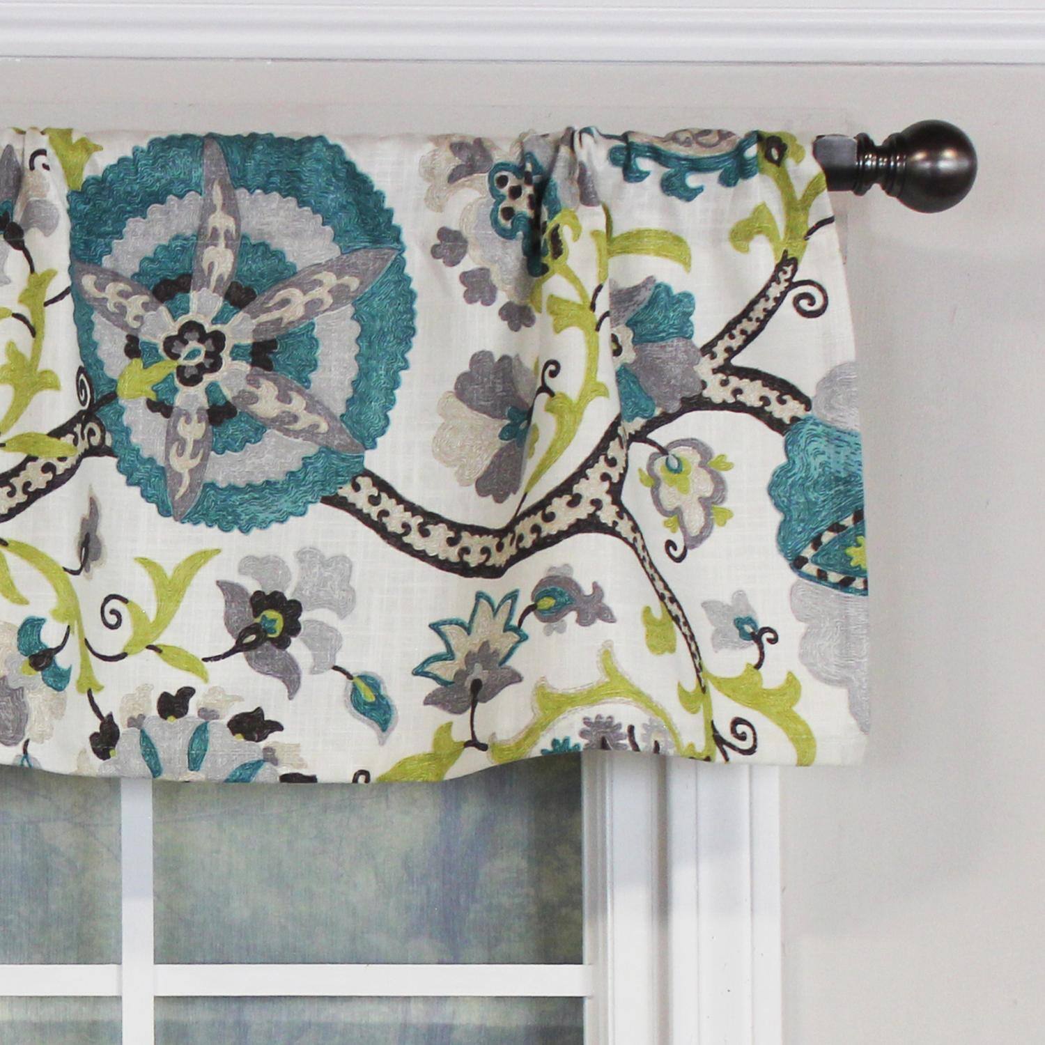 Left. RLF Home - RLF Home Floribunda Tailored 100% Cotton with Fully Lined 3" Rod Pocket Valnance for Windows 50" x 14" Turquoise - Turquoise.