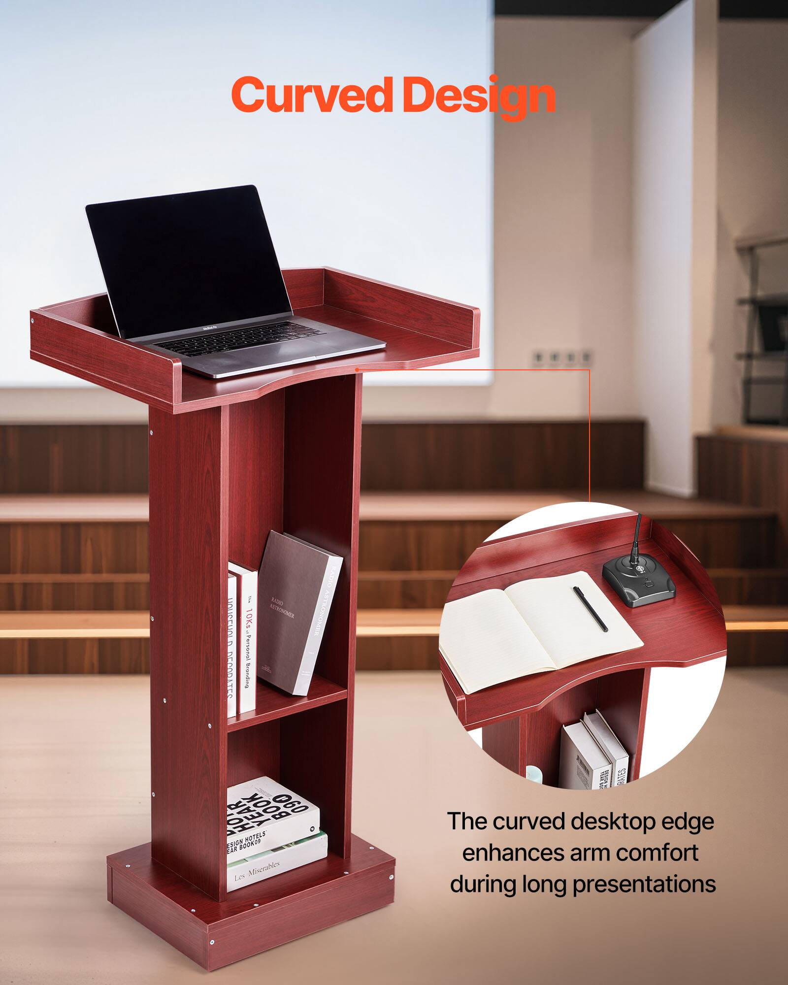 Curved Design

The curved desktop edge enhances arm comfort during long presentations