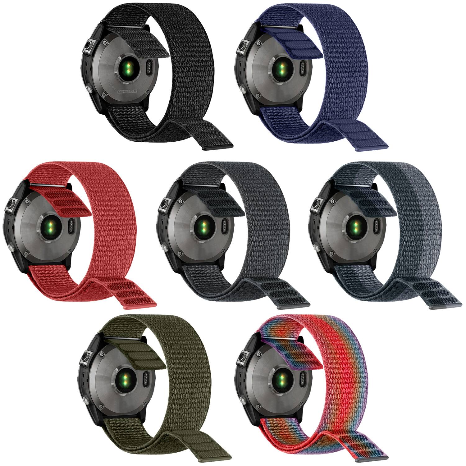 Alt View 2. StrapsCo - Pro Trail Strap QuickFit 22 Nylon Watch Band For Garmin Fenix 5 & 5 Plus - Rainbow.