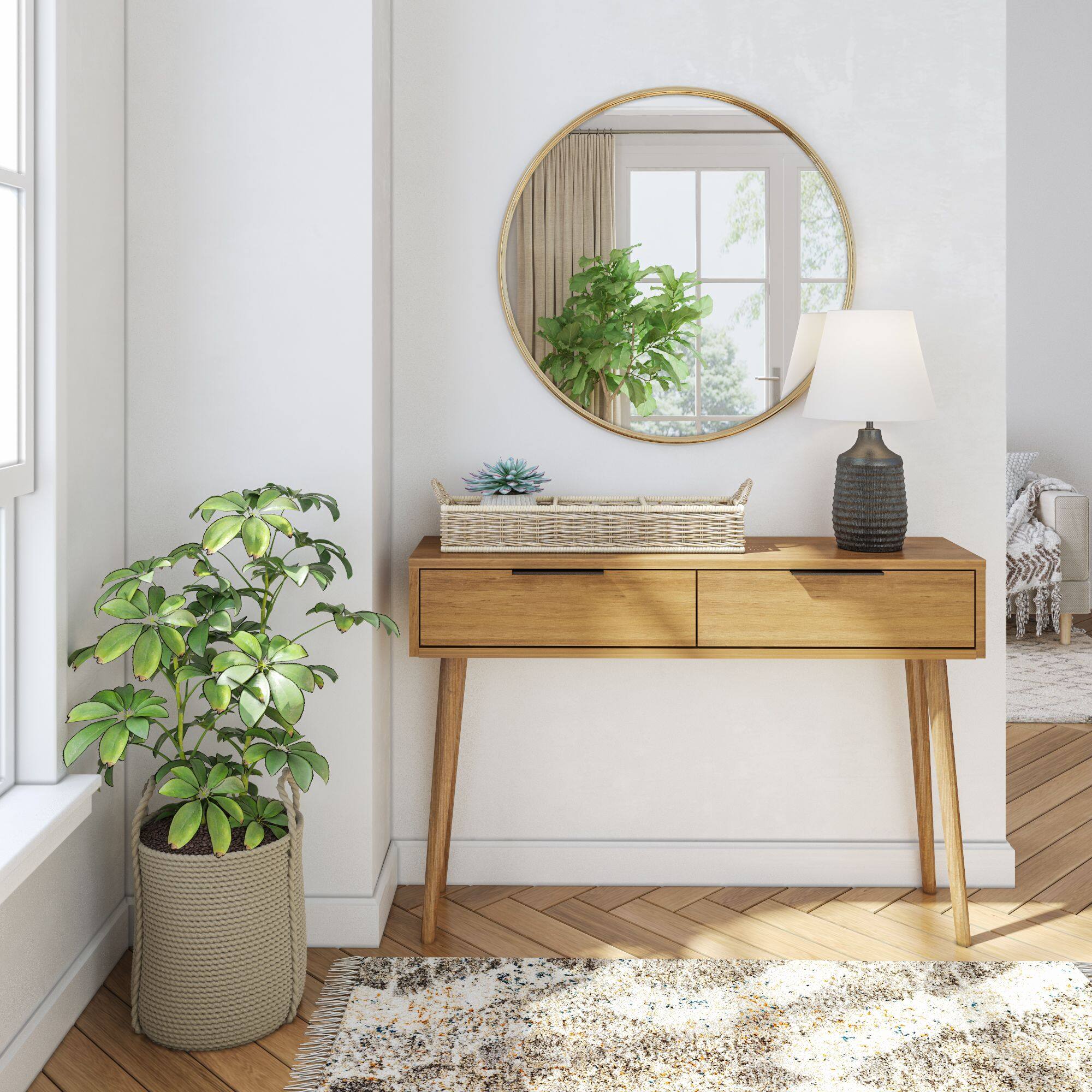 Alt View 1. Plank+Beam - Mid-Century Modern Console Table with Pulldown and Black Handles (46in / 1170mm), Pecan - Pecan.