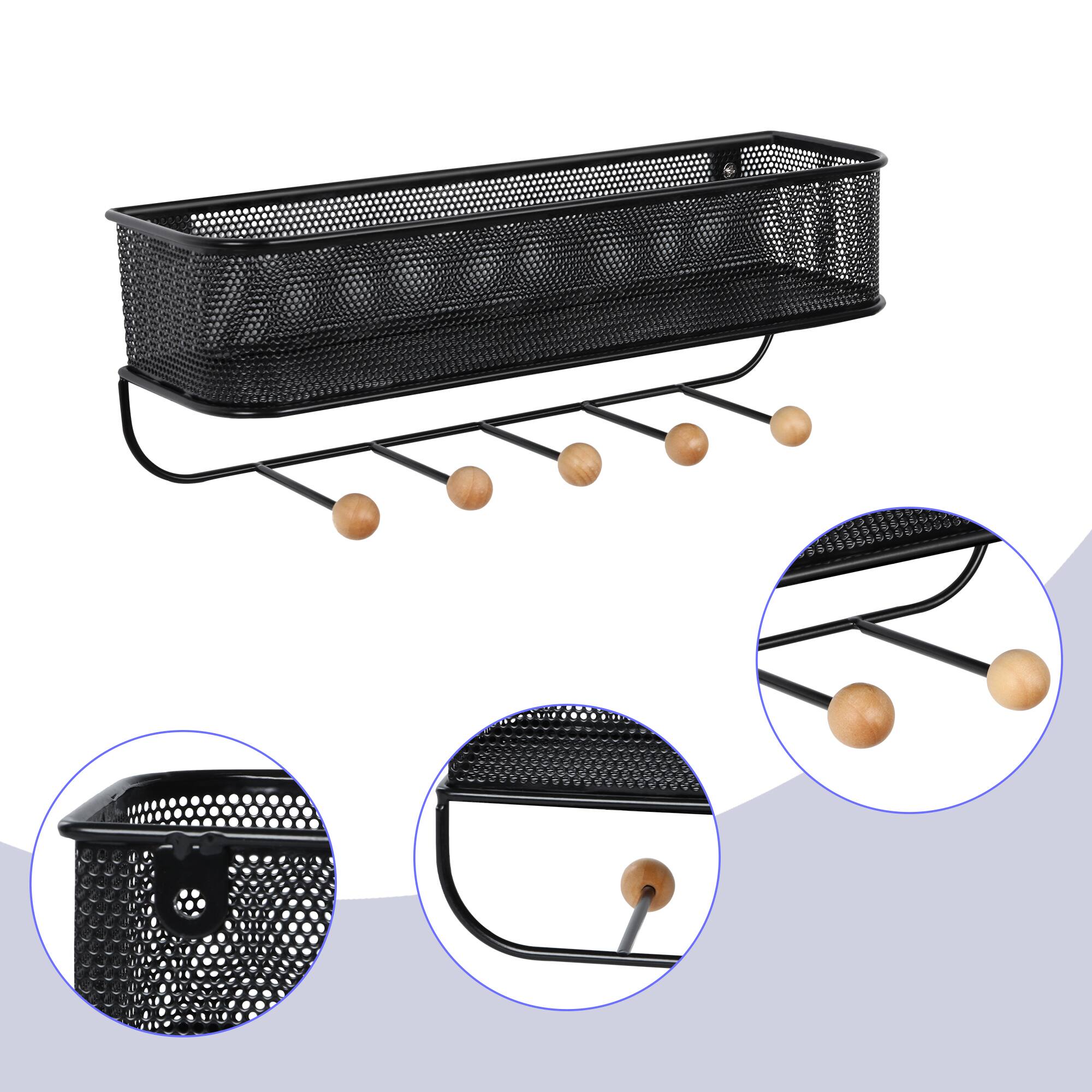 Left. Oumilen - Set of 2 Mesh Wall Storage Basket with Wooden Hooks, Black.