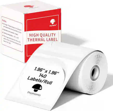 **Notes:**
- Storage: Please keep in a cool and ventilated area avoiding direct sunlight.
- Application environment: Indoor
- Labeling temperature: -5°C to 40°C
- The longest under normal temperature and away from light is 20 years
**HIGH QUALITY THERMAL LABEL**
1.96" x 1.96"
140 Labels/Roll
Phomemo