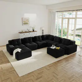 Anysun - 6-Seat V-Shape Corduroy Corner Sectional Sofa - Deep-Seat Couch with 2 Ottomans, Pearl Piping, Tufted, No Assembly. - Black