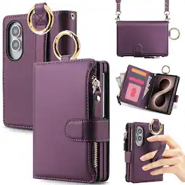 UUCOVER - Magnetic Zipper Wallet Case for Samsung Galaxy Z Fold 8 Leather Card Slots RFID Blocking Stand Cover+Shoulder Strap - Deeppurple