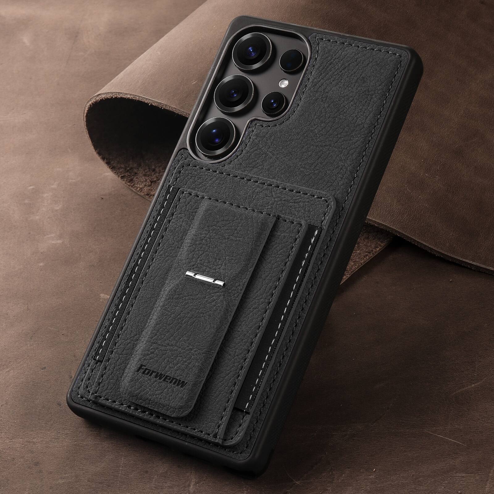 Angle. Dteck - Slim Card Holder Case for Samsung Galaxy S26 Ultra, Shockproof Wallet Protective Cover with Kickstand - Black.