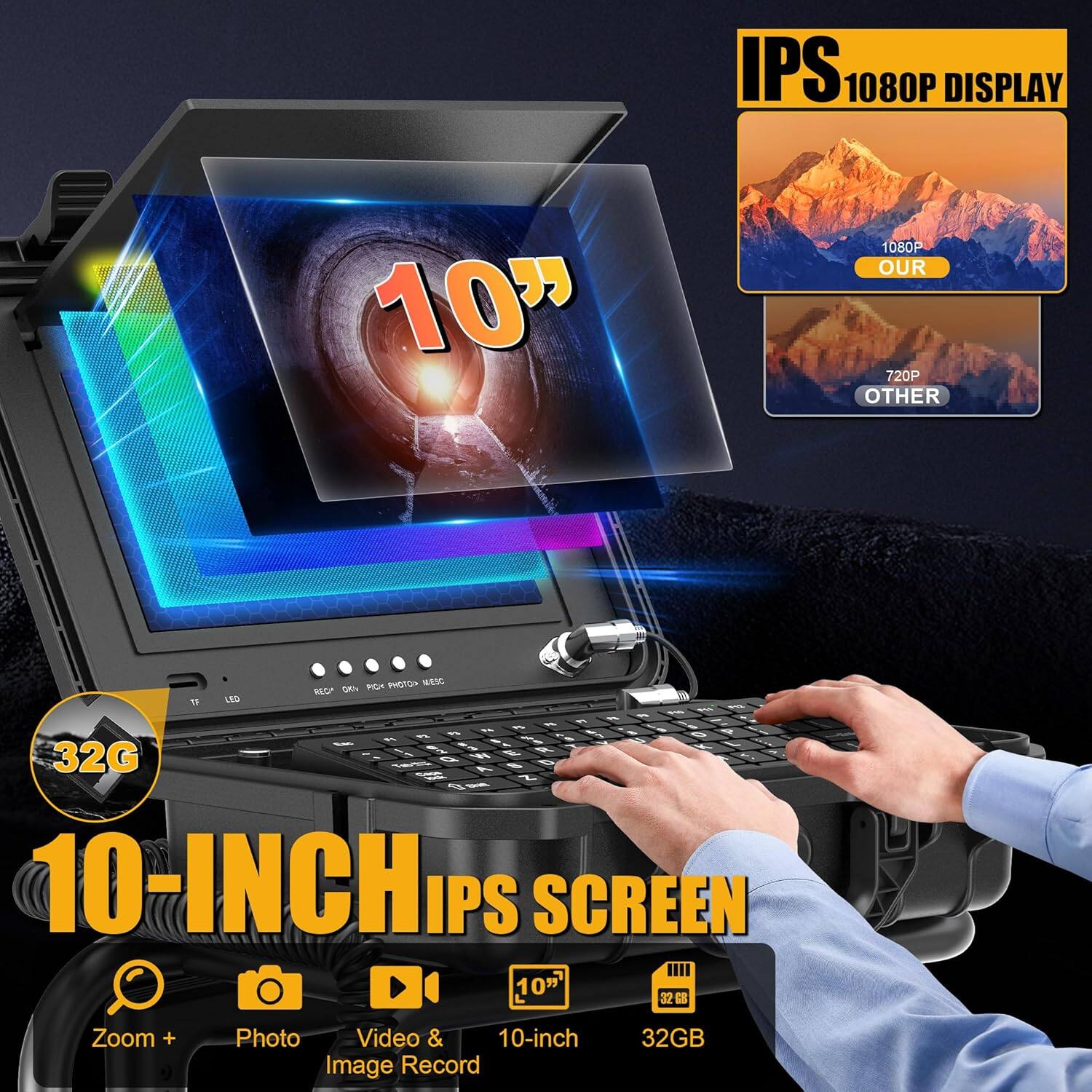 Alt View 2. Aukfa - Sewer Camera with Locator - 10" HD Endoscope, Self-Leveling, IP68, 200Ft 7MM Cable, DVR.