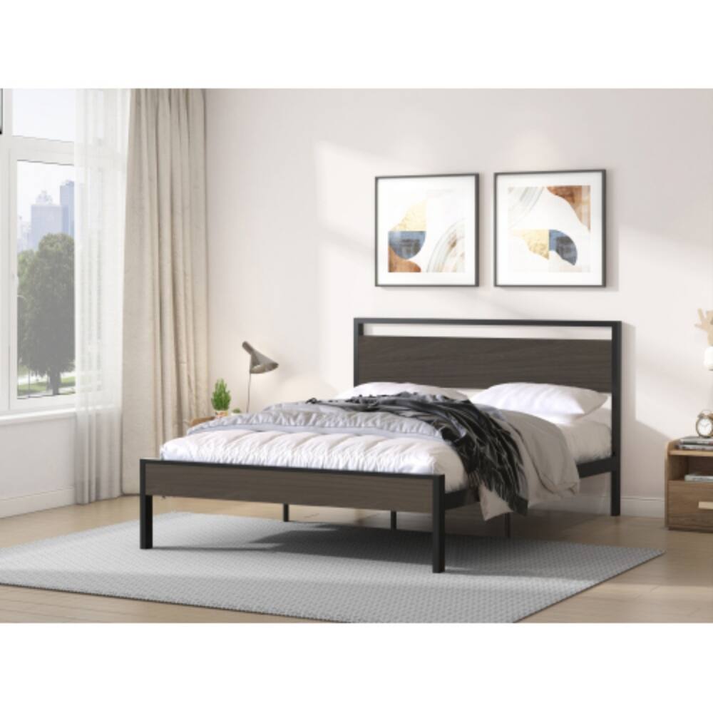Angle. LUCKY ONE - Queen Size Ceres Metal Bed with Walnut Wood Headboard and Footboard, Industrial Style, Metal Slats, No Box Spring Needed - Black.