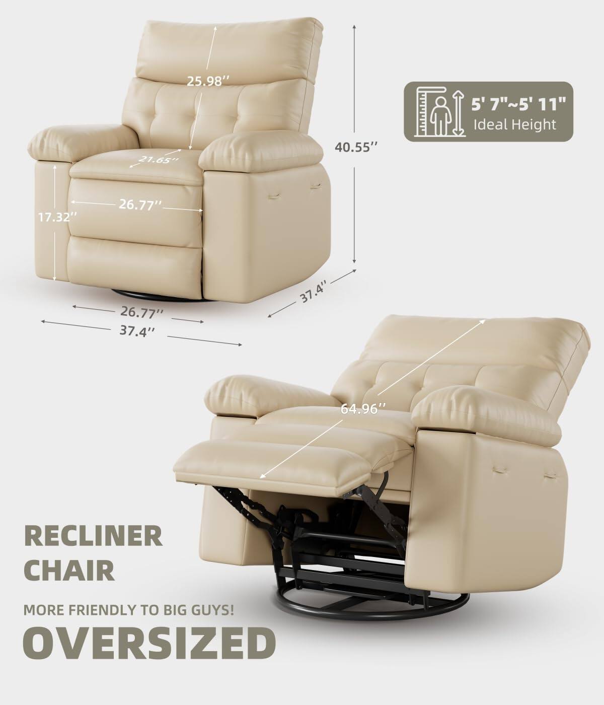 RECLINER CHAIR  
MORE FRIENDLY TO BIG GUYS!  
OVERSIZED  

5' 7" ~ 5' 11" Ideal Height  

25.98"  
21.65"  
40.55"  
17.32"  
26.77"  
26.77"  
37.4"  
37.4"  
37.4"  
64.96"