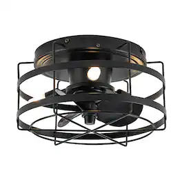Parrot Uncle - 13" Farmhouse Flush Mount Ceiling Fan with LED Light and Remote - Matte Black