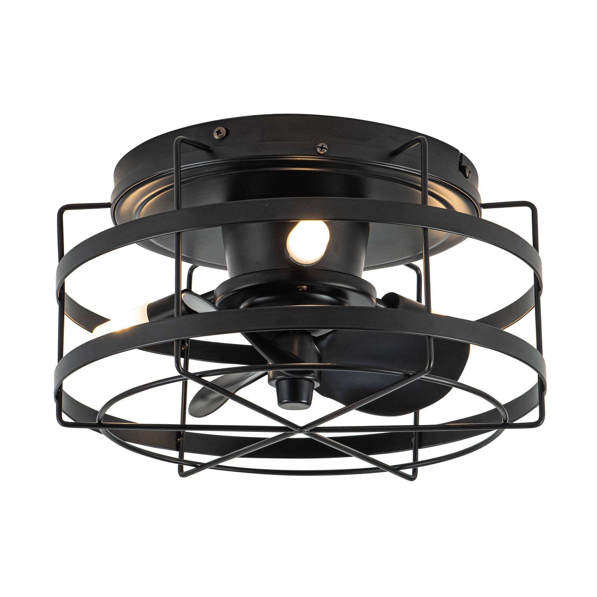 Front. Parrot Uncle - 13" Farmhouse Flush Mount Ceiling Fan with LED Light and Remote - Matte Black.