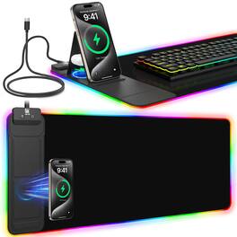 PO3TICJUNKI3 - Xxl Mouse Pad With Phone Holder - Rgb Desk Mat 15w Fast Charging Led Gaming Mousepad Colors Waterproof Non - Wired - Touch Control - Stand XL Black