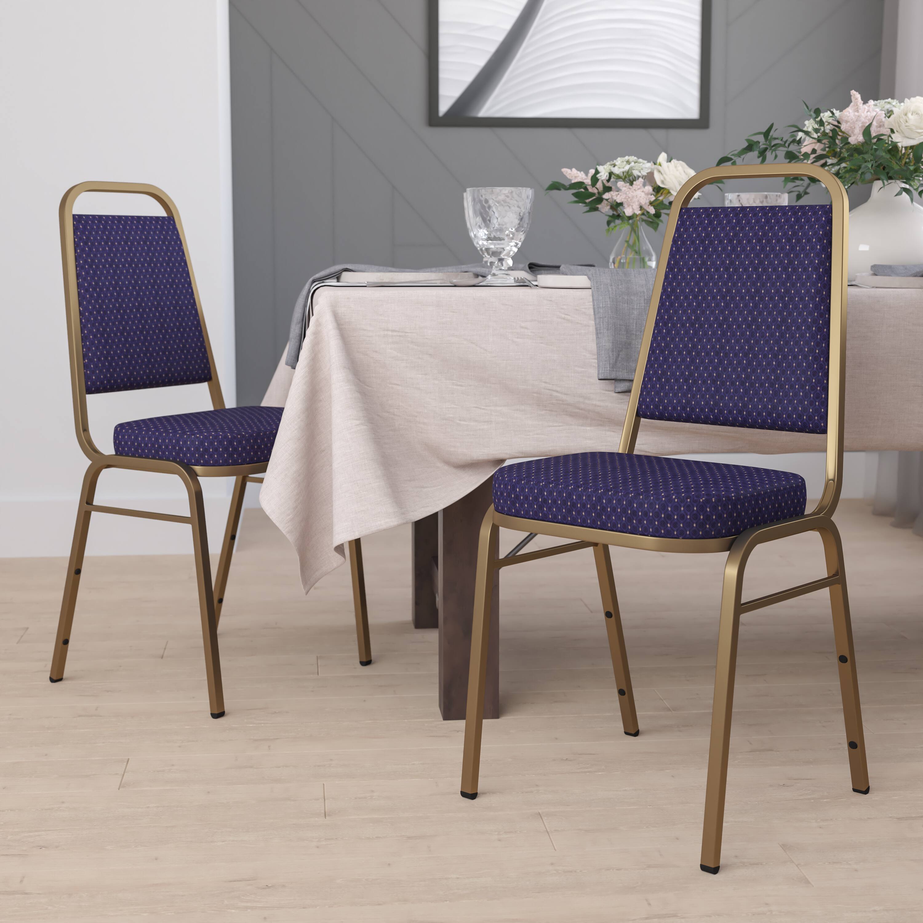 Alt View 2. Emma + Oliver - 4 Pack Trapezoidal Back Stacking Banquet Chair - Navy Patterned Fabric/Gold Frame.