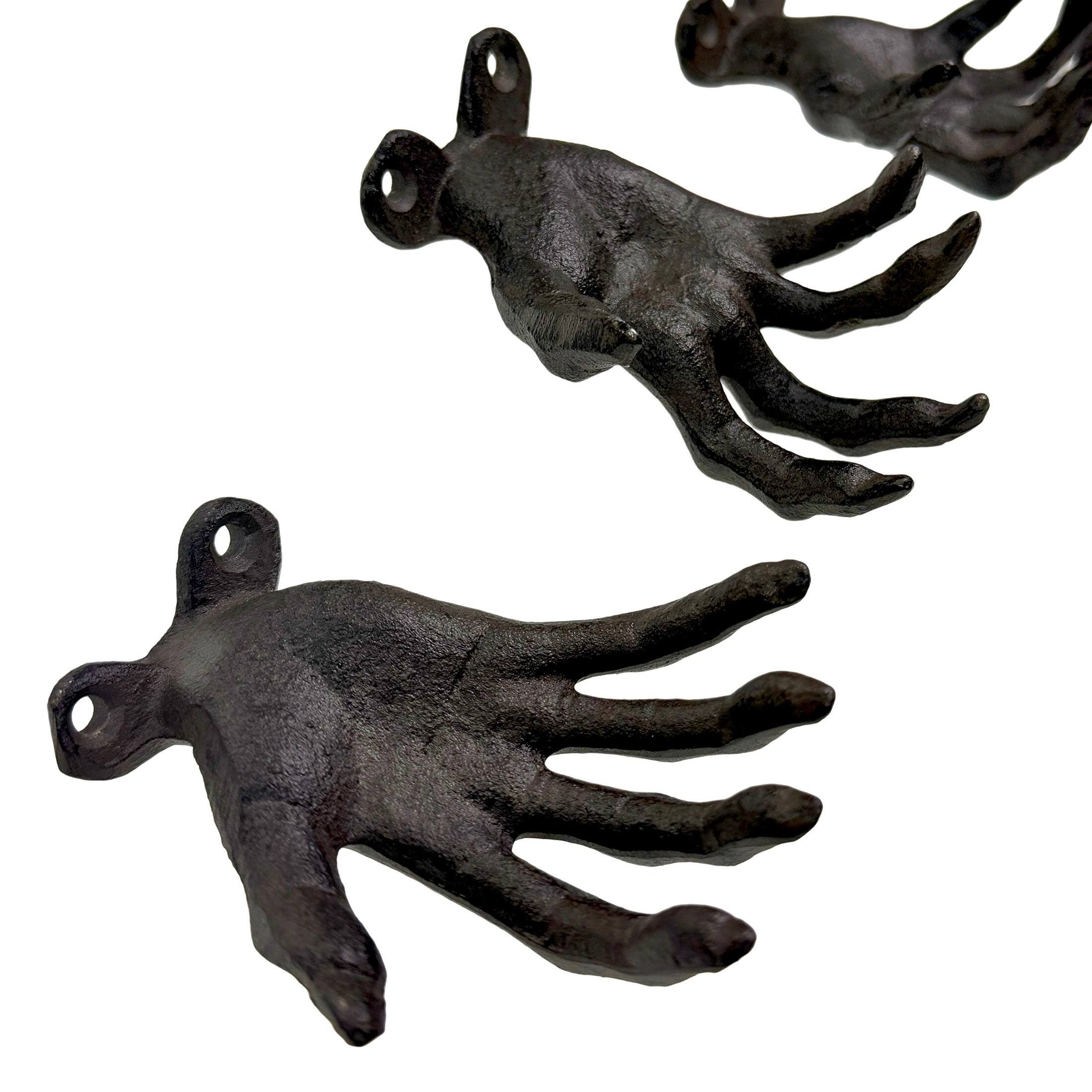 Alt View 1. Zeckos - Set of 3 Cast Iron Creepy Hand Wall Hooks Gothic Decor Distressed Black - Black.