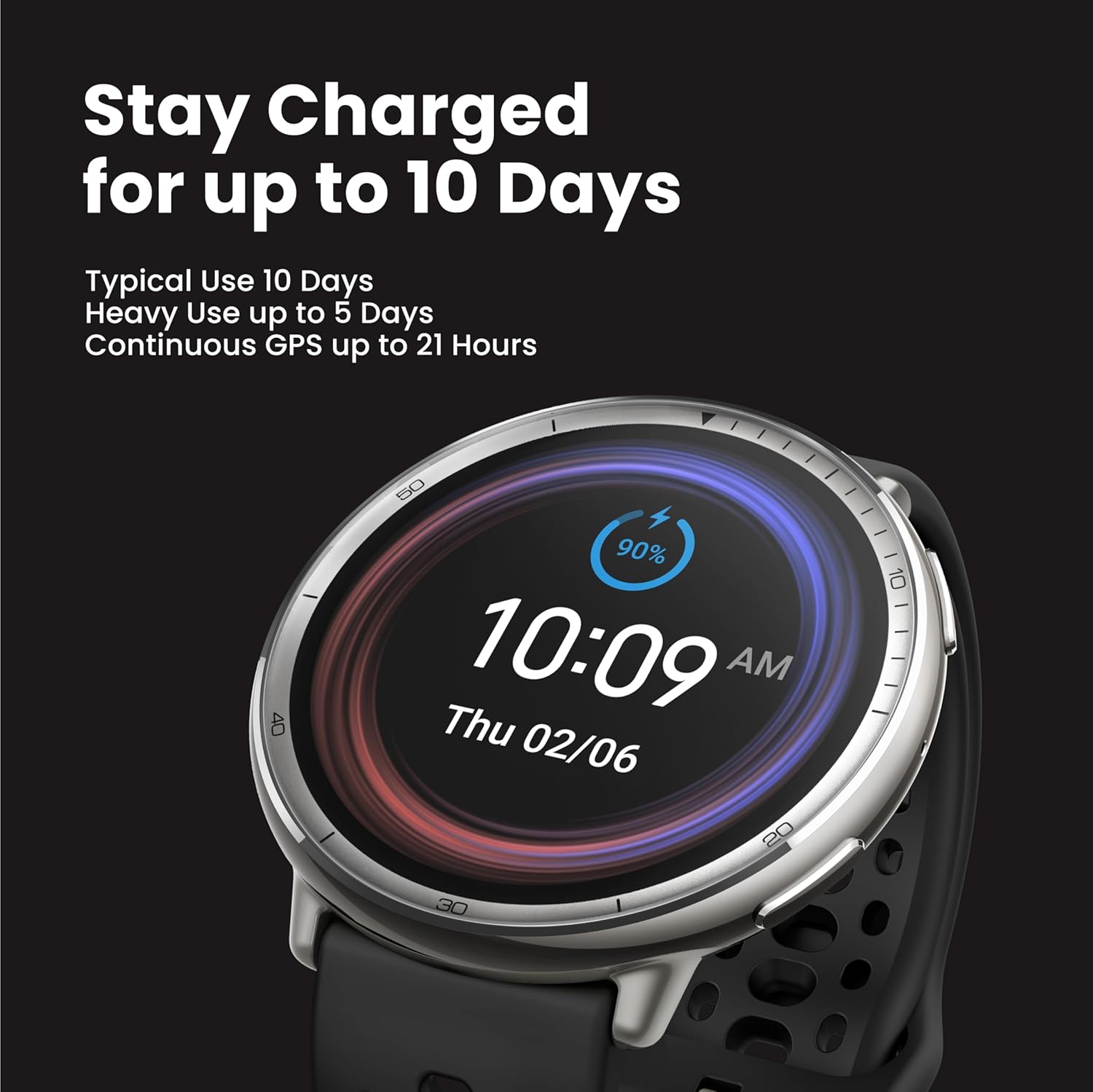 Stay Charged for up to 10 Days: Typical Use 10 Days, Heavy Use up to 5 Days, Continuous GPS up to 21 Hours. 40 90% 10:09 AM Thu 02/06 20 10 30