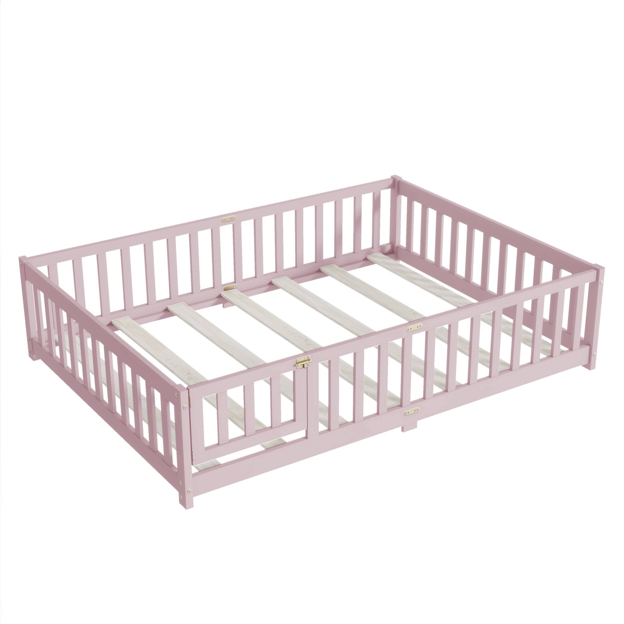 Alt View 9. GOODSILO - Full Size Floor Bed with Safety Fence and Revolving Door for Children, Sturdy Rubber Wood Construction - Pink.