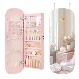Songmics Home - Jewelry Organizer, LED Jewelry Cabinet Wall/Door Mounted, Lockable Rounded Wide Mirror with Storage, Interior Mirror - Jelly Pink Surface with Cream White