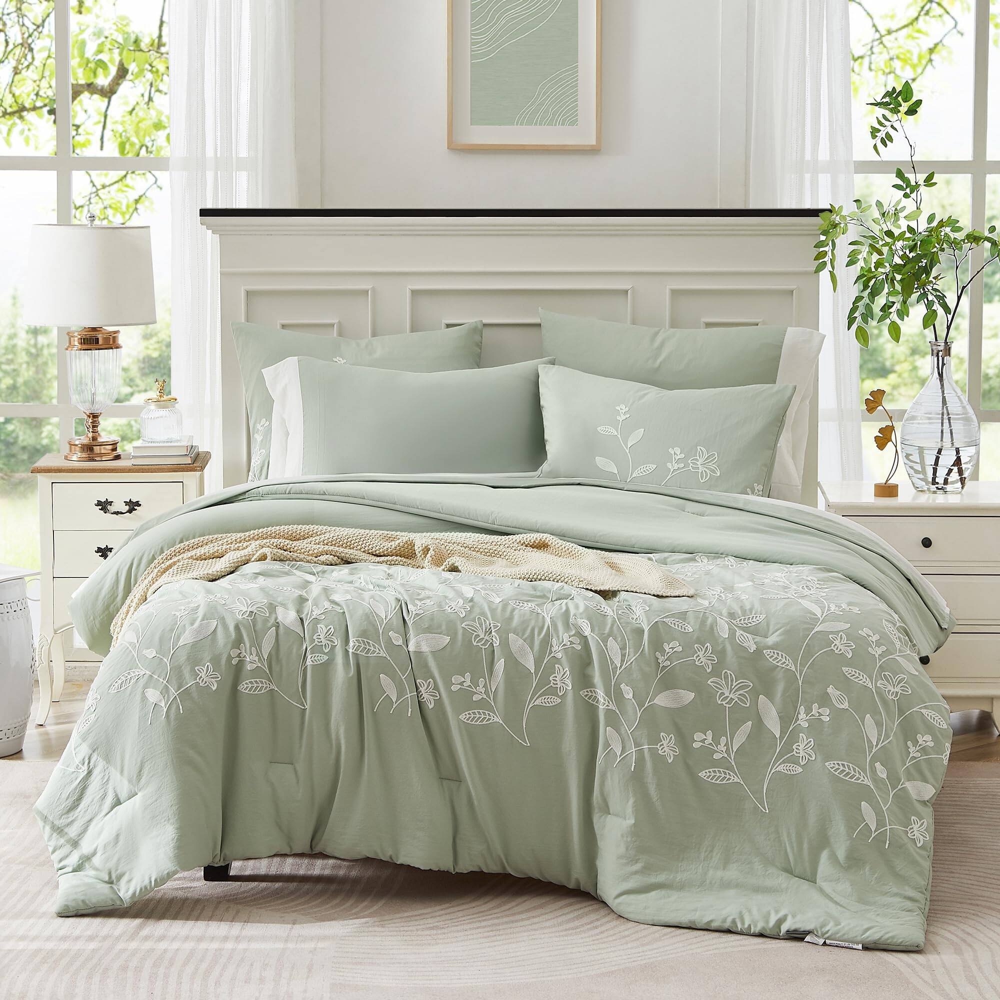 Alt View 5. Paradigms Interiors - Size Comforter Sets Embroidery Bedding 7 Pieces Sage Set All Season Bed In A Bag With Sheets Pillowcase Shams - Charcoal Black-California King 7 Piece.