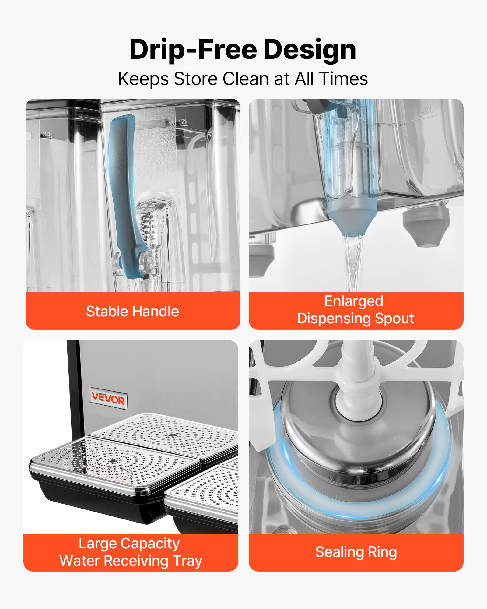 Drip-Free Design Keeps Store Clean at All Times

- Stable Handle
- Enlarged Dispensing Spout
- Large Capacity Water Receiving Tray
- Sealing Ring