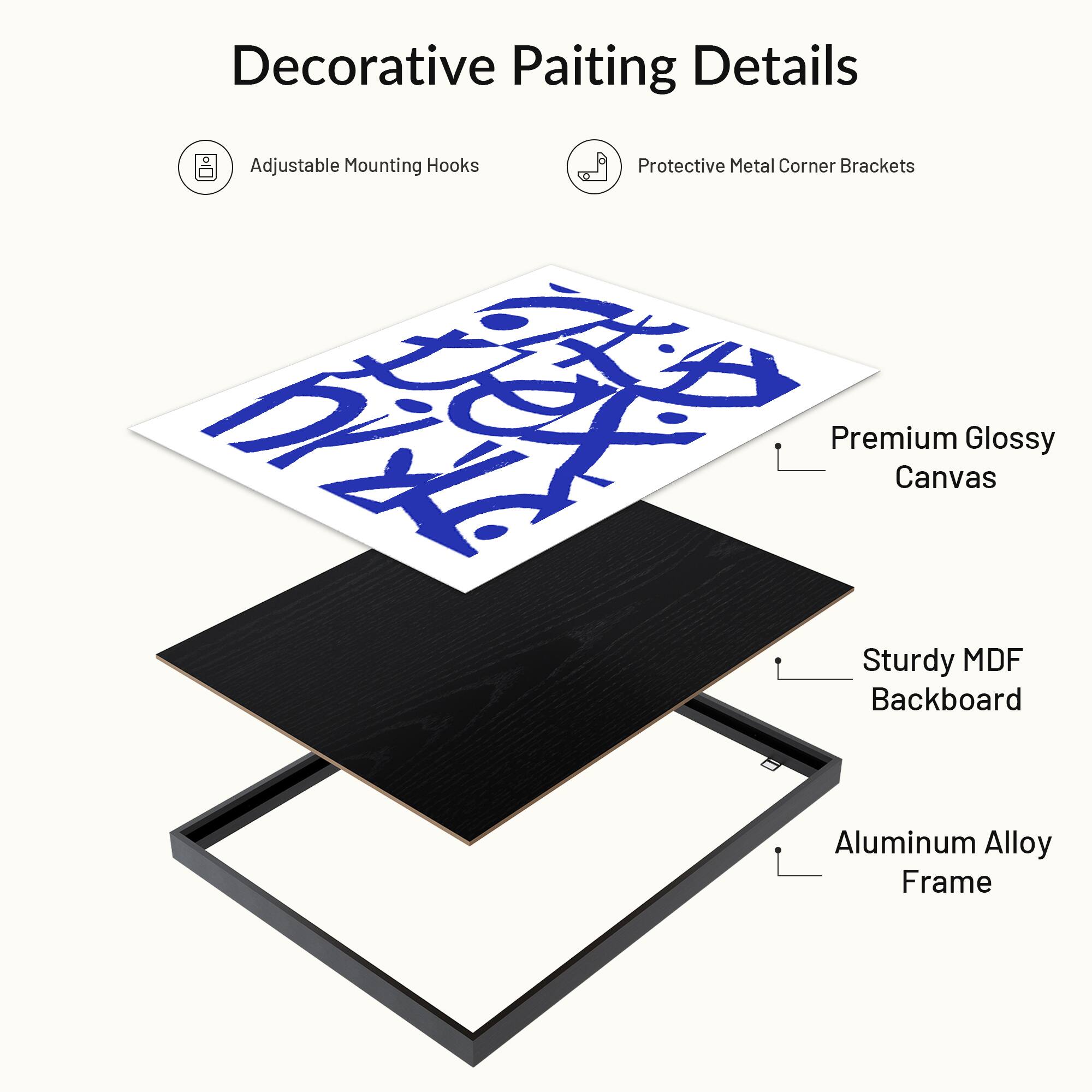 Decorative Painting Details  
Adjustable Mounting Hooks  
Protective Metal Corner Brackets  
Premium Glossy Canvas  
Sturdy MDF Backboard  
Aluminum Alloy Frame