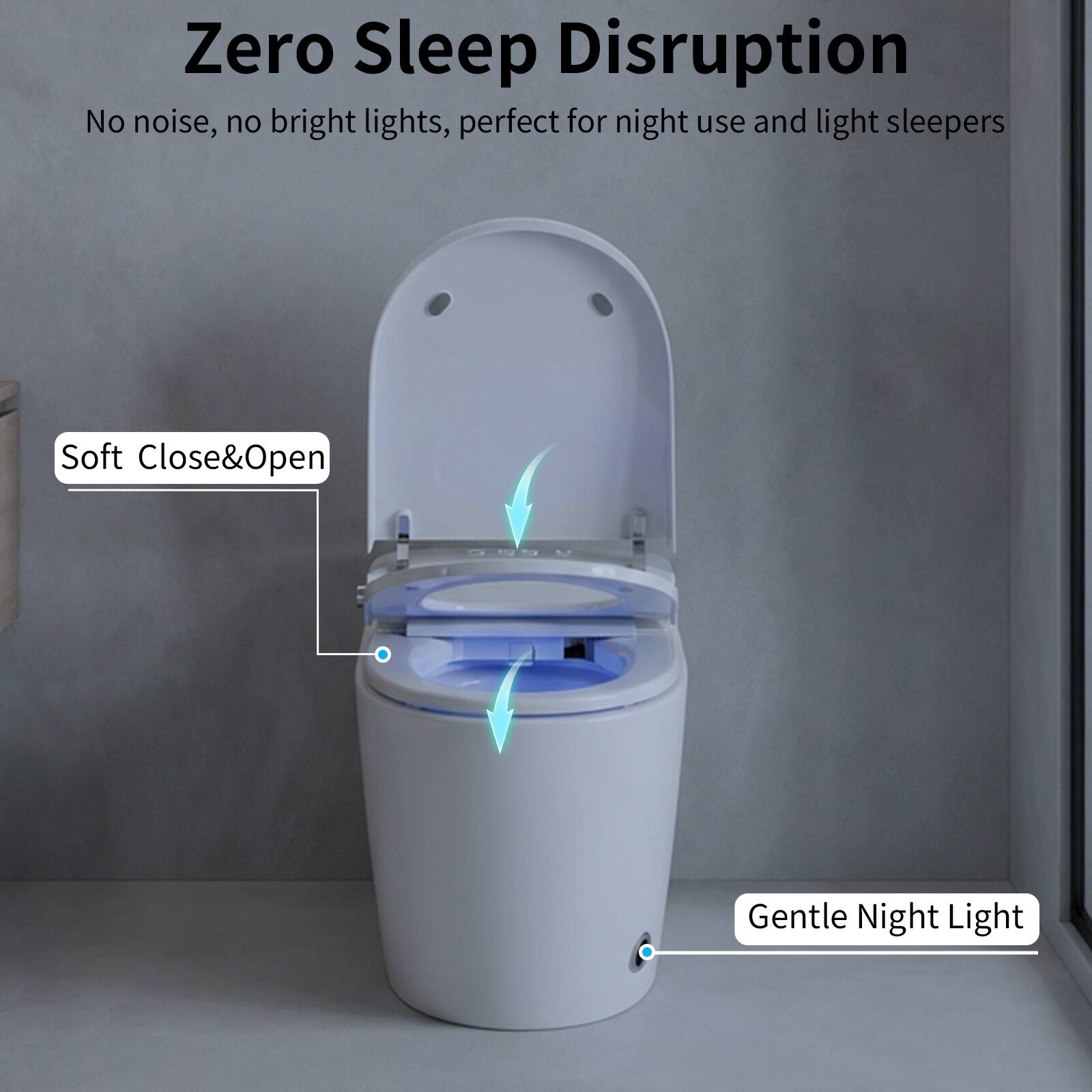 Zero Sleep Disruption  
No noise, no bright lights, perfect for night use and light sleepers  

Soft Close&Open  
Gentle Night Light