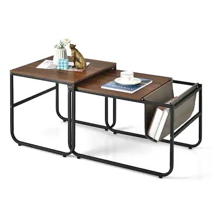 Front. Gymax - Gymax Nesting Coffee Table Set of 2 Industrial Stackable Side Table w/ Magazine Holder - Rustic Brown.