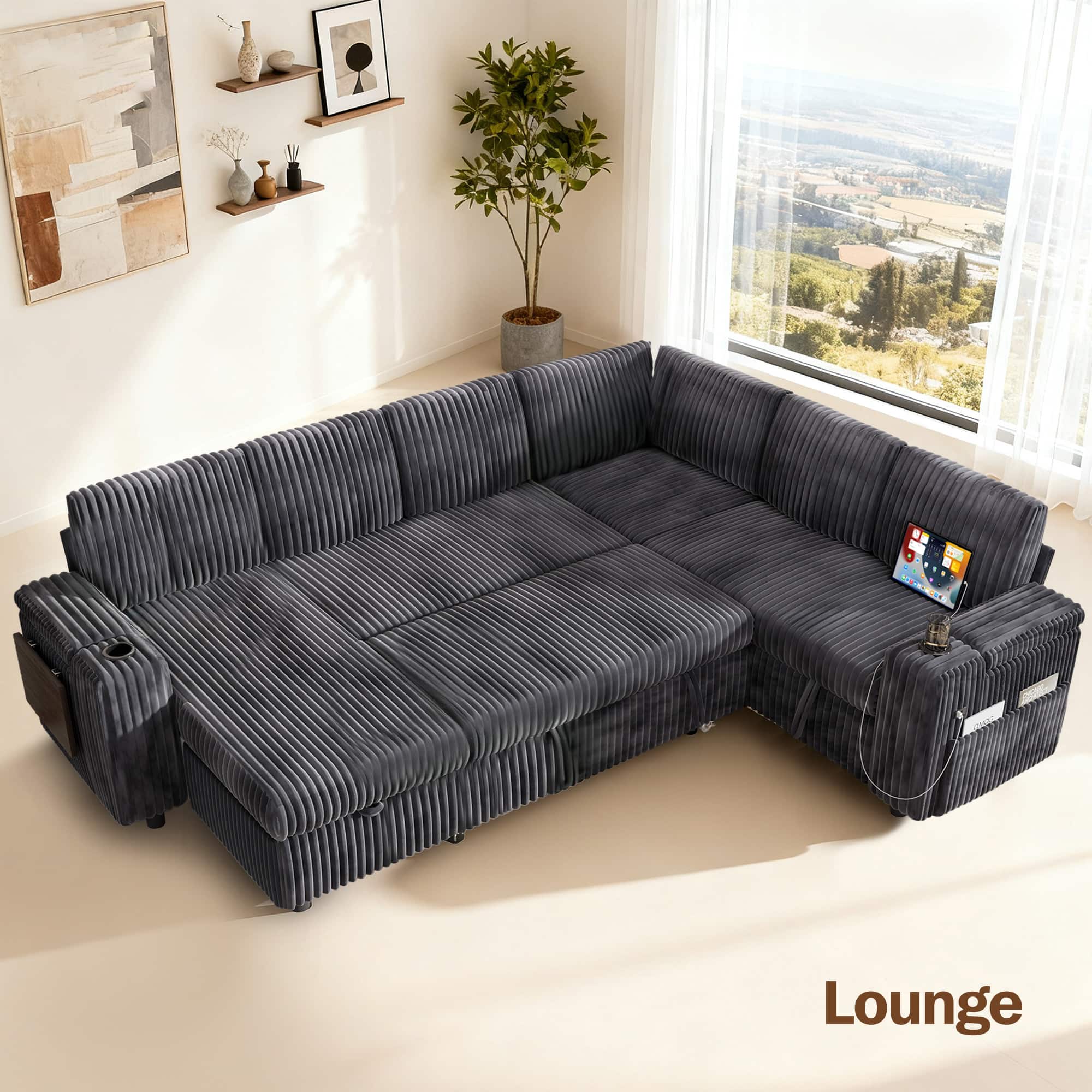 Front. Dyonery - Dyonery 110-inch 7-seater sofa with a pull-out bed, adjustable backrest, storage space, corduroy Grey - Grey.